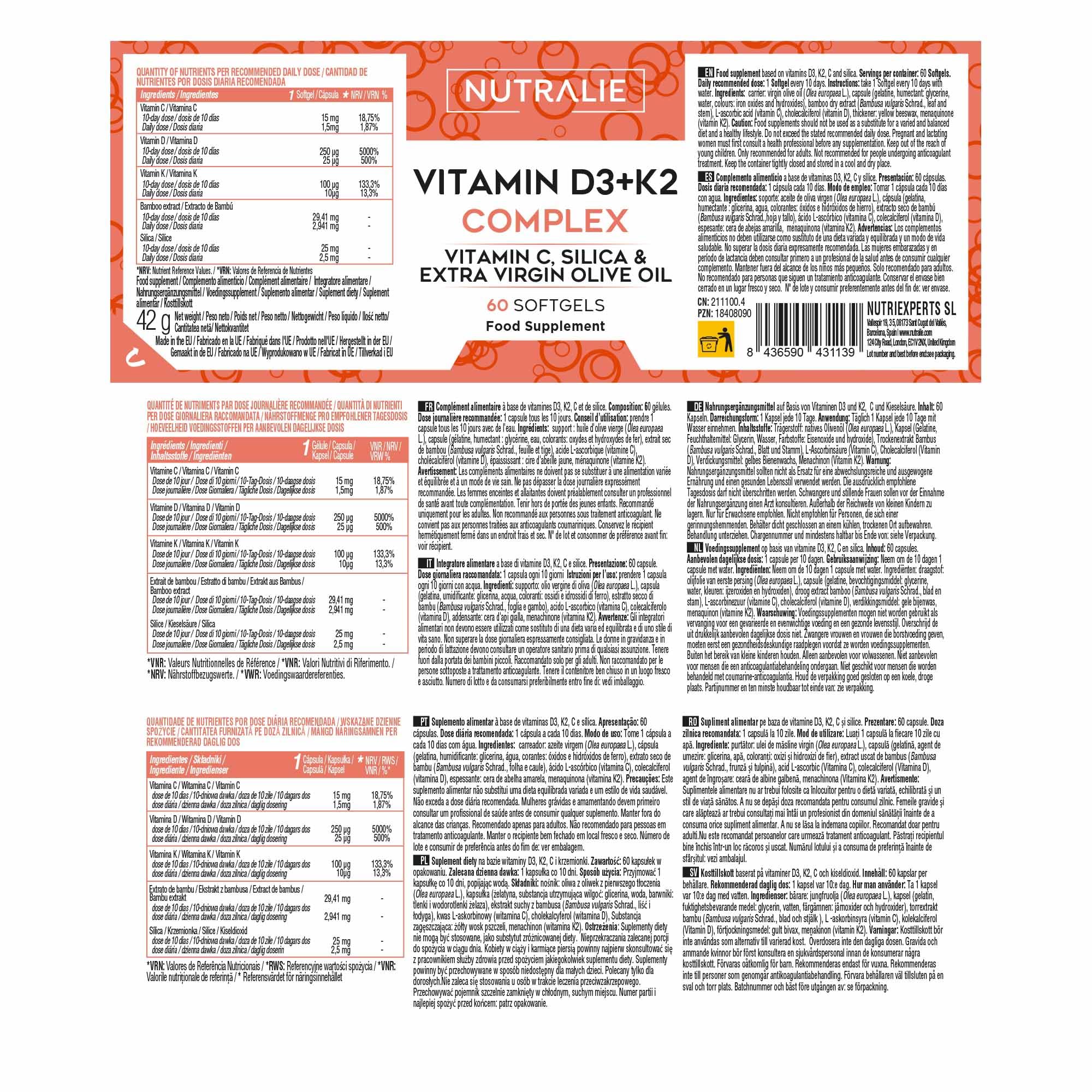 Vitamina D3 e K2 10000 UI - Immunità Ossa e Muscoli - Vit D3 K2 MK7 con Vitamina C e Olio Extravergine di Oliva - 60 Softgel Vitamina D Complex Nutralie