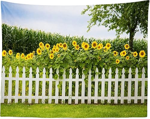 Miniatura 6 de BELECO Telón de fondo de fotografía de girasoles Cornfield de 15 x 10 pies, tela de coro, tierras de cultivo, flores amarillas, valla blanca,