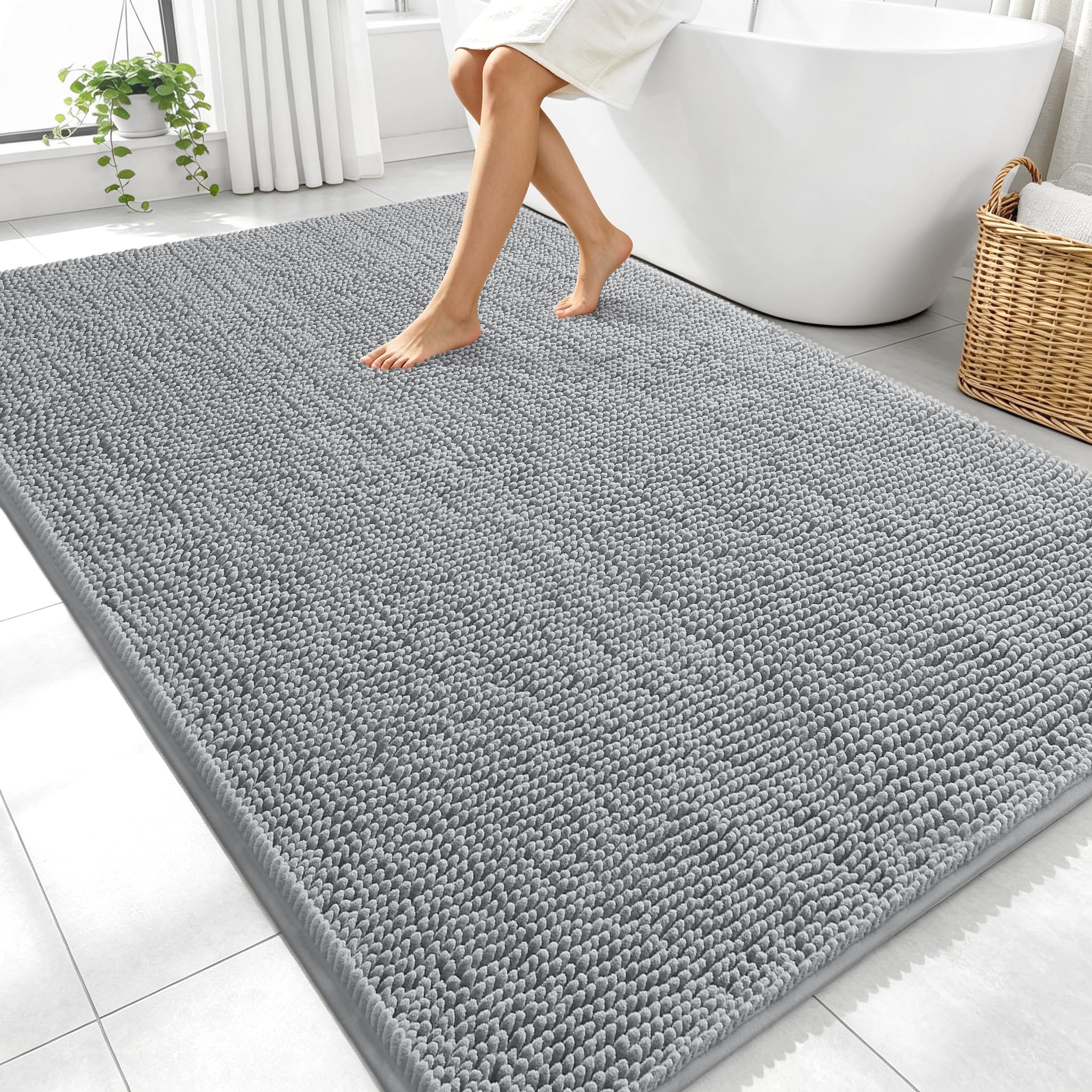 OLANLY Large Bathroom Rugs 70x46, Extra Soft Absorbent Chenille Bath Rugs | Light Grey, Quick-Drying Rubber Backing, Machine Washable Bath Mat for Bathroom Floor, Tub and Shower, Home Decor Accessories