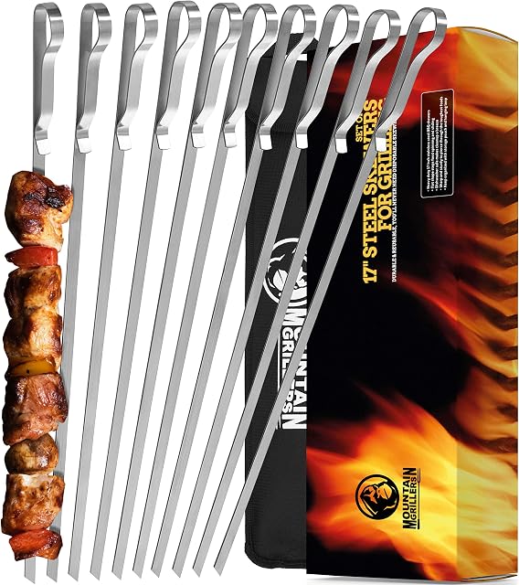 BBQ Grilling Kebab Skewers - Each Skewer 17 Stainless Steel - Long Reusable Flat Metal - BBQ Grill Essentials Metal skewers  Set of 10 w/ Handy Storage Bag