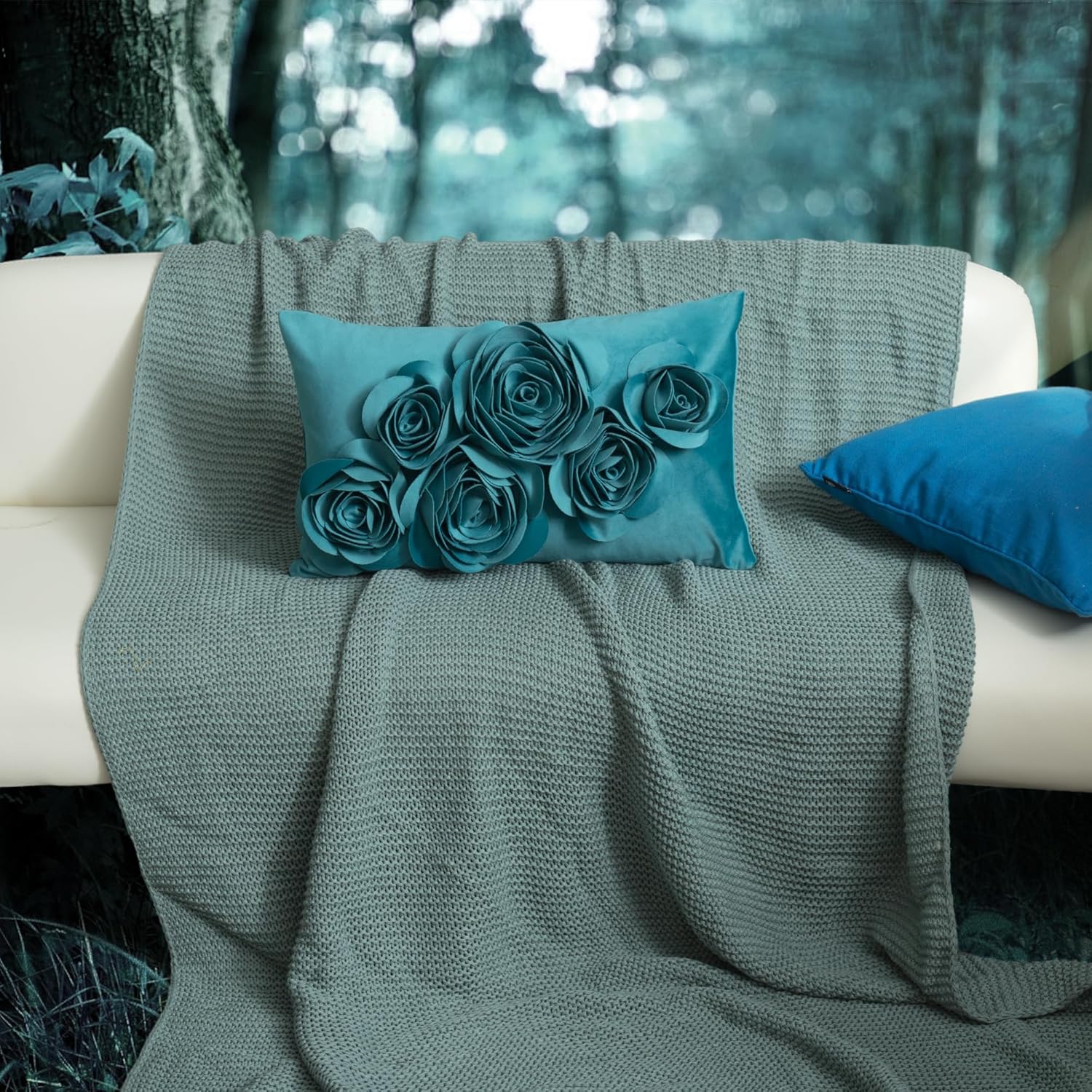 JWH 3D Flowers Throw Pillow Cover Decorative Soft Velvet Accent Decor Floral Cushion Lumbar Pillowcase for Bed Sofa Couch Living Room 12x20 Inches Turquoise Blue
