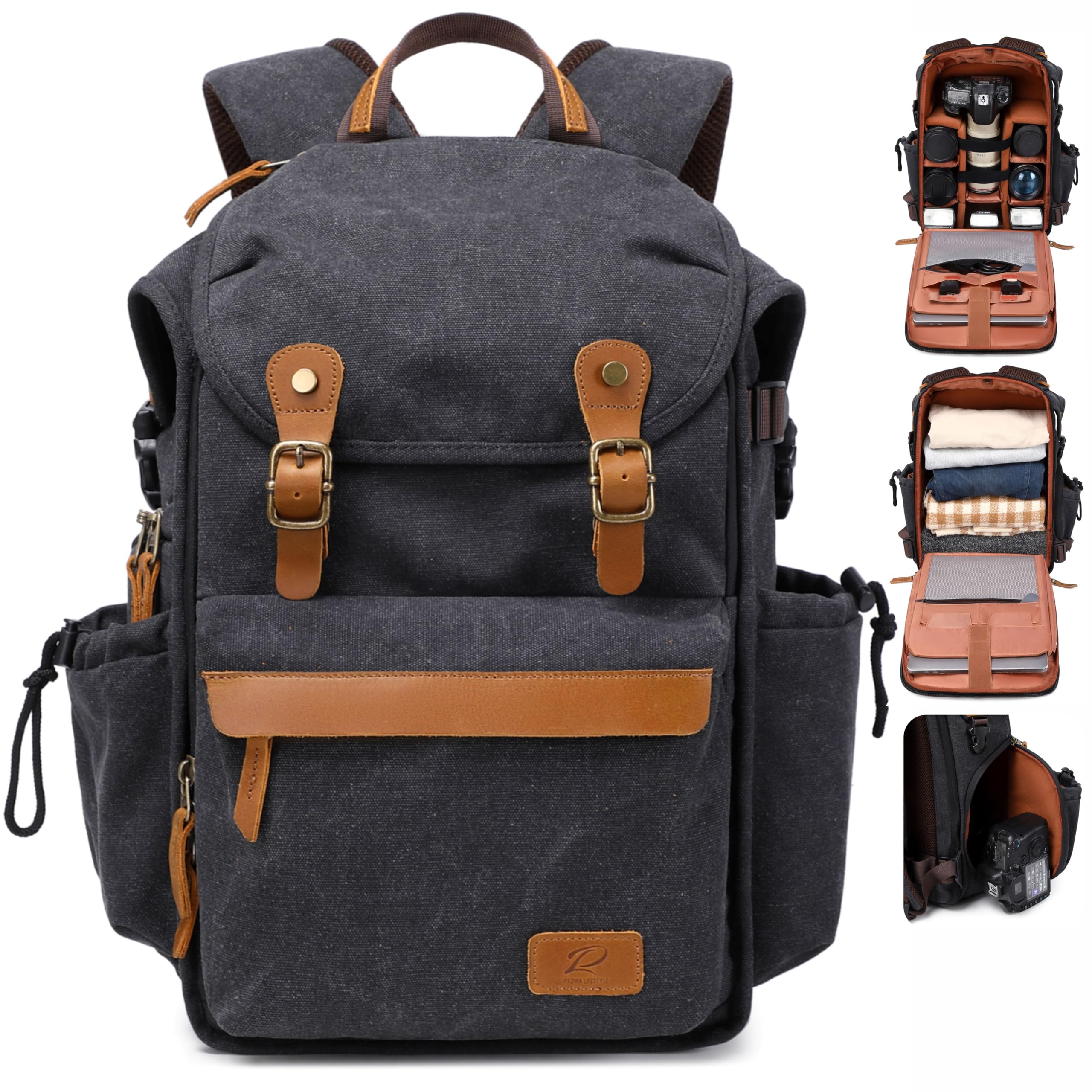 Padwa Lifestyle Black Canvas Camera Backpack - Professional DSLR &amp; UAV Camera Bag,Anti Theft Camera Backpack with Rain Cover,Large Capacity Photography Travel Camera Bag with Multi Compartments