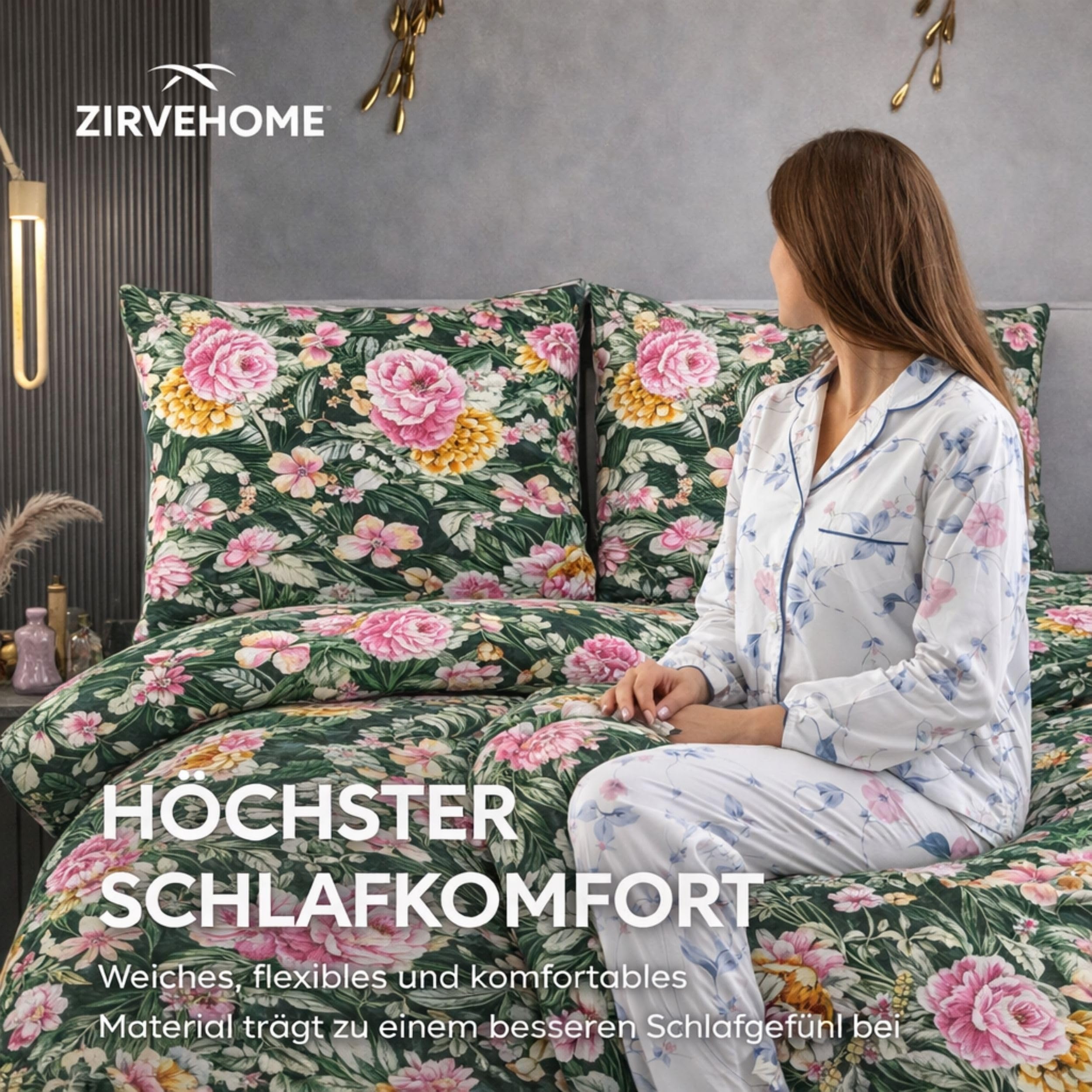 ZIRVEHOME Bettwäsche 200x220 cm 3-teilig – 100% Baumwolle Renforcé, Dunkelgrün Floral Blumen Design, Atmungsaktiv & Hautfreundlich, Bettbezug 200x220 + Kissenbezug 80x80. Grün Garden V1