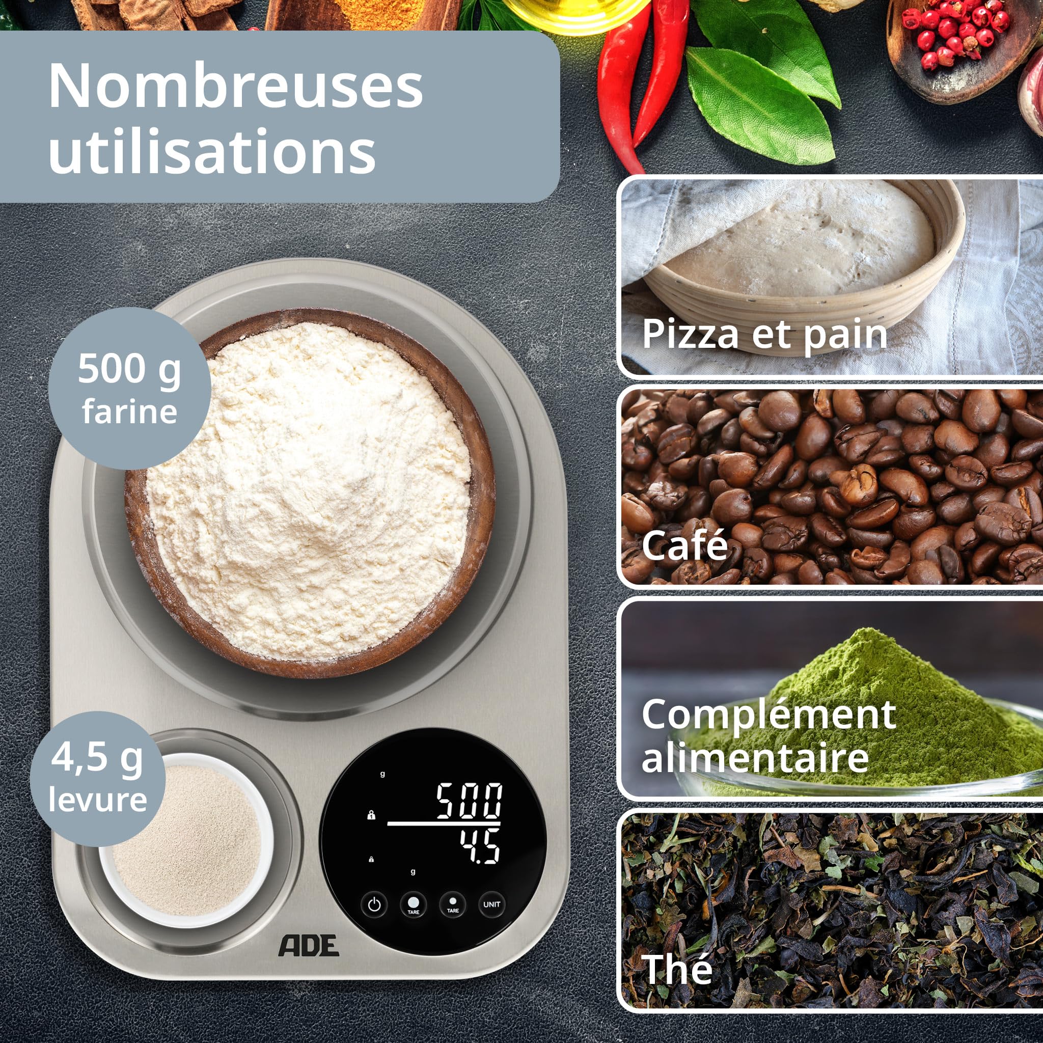 ADE Balance de cuisine electronique avec 2 plateformes 5kg/1g & 500g/0,1g | balance de précision à 0,1g près pour la cuisine | capacité de charge de 5 kg
