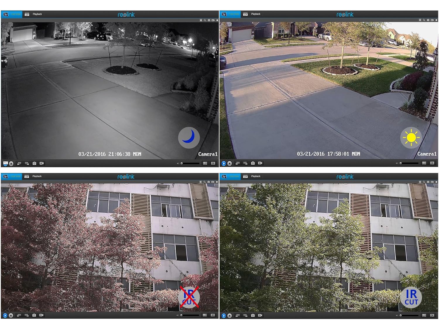Four-panel image comparing day and night vision. Top left shows a street at night in black and white with IR LEDs active. Top right shows the same street during the day in color. Bottom left shows a building with IR cut filter off (reddish tint). Bottom right shows the same building with IR cut filter on (natural colors).