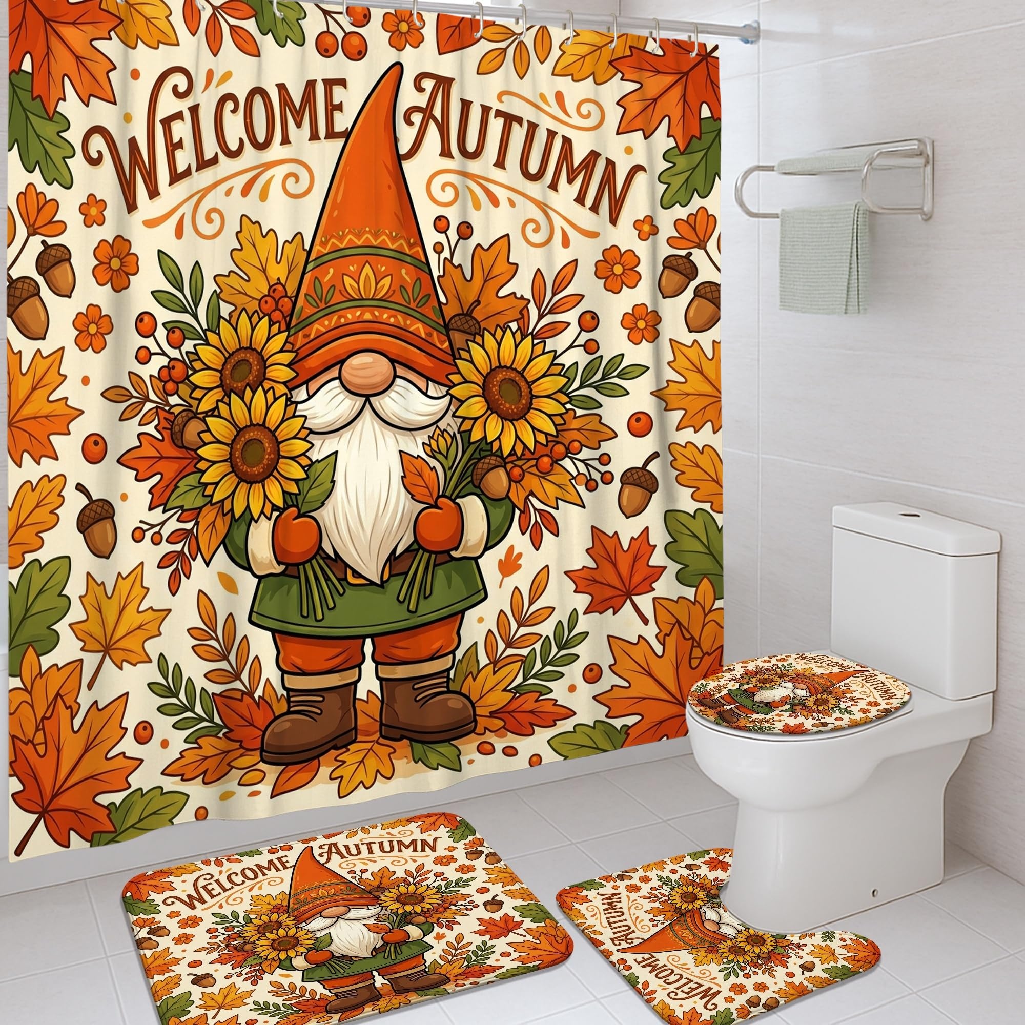 Rideau de douche et tapis motif nain de tournesol pour une ambiance automnale