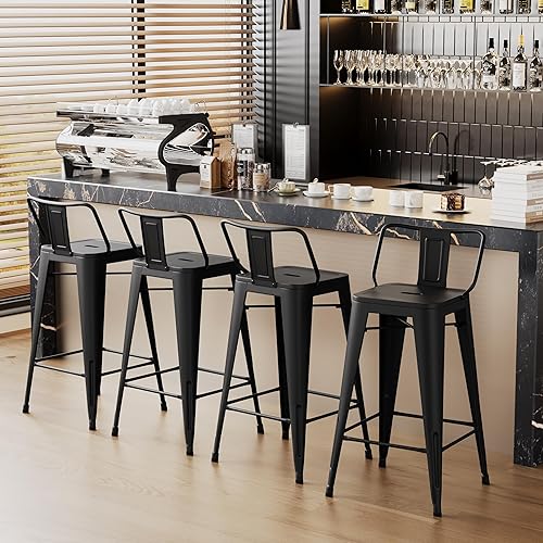 Miniatura 2 de Yongchuang Juego de 4 taburetes de bar de metal, taburetes de bar negros de 24 pulgadas con respaldo de cocina, sillas de bar de altura para Negro
