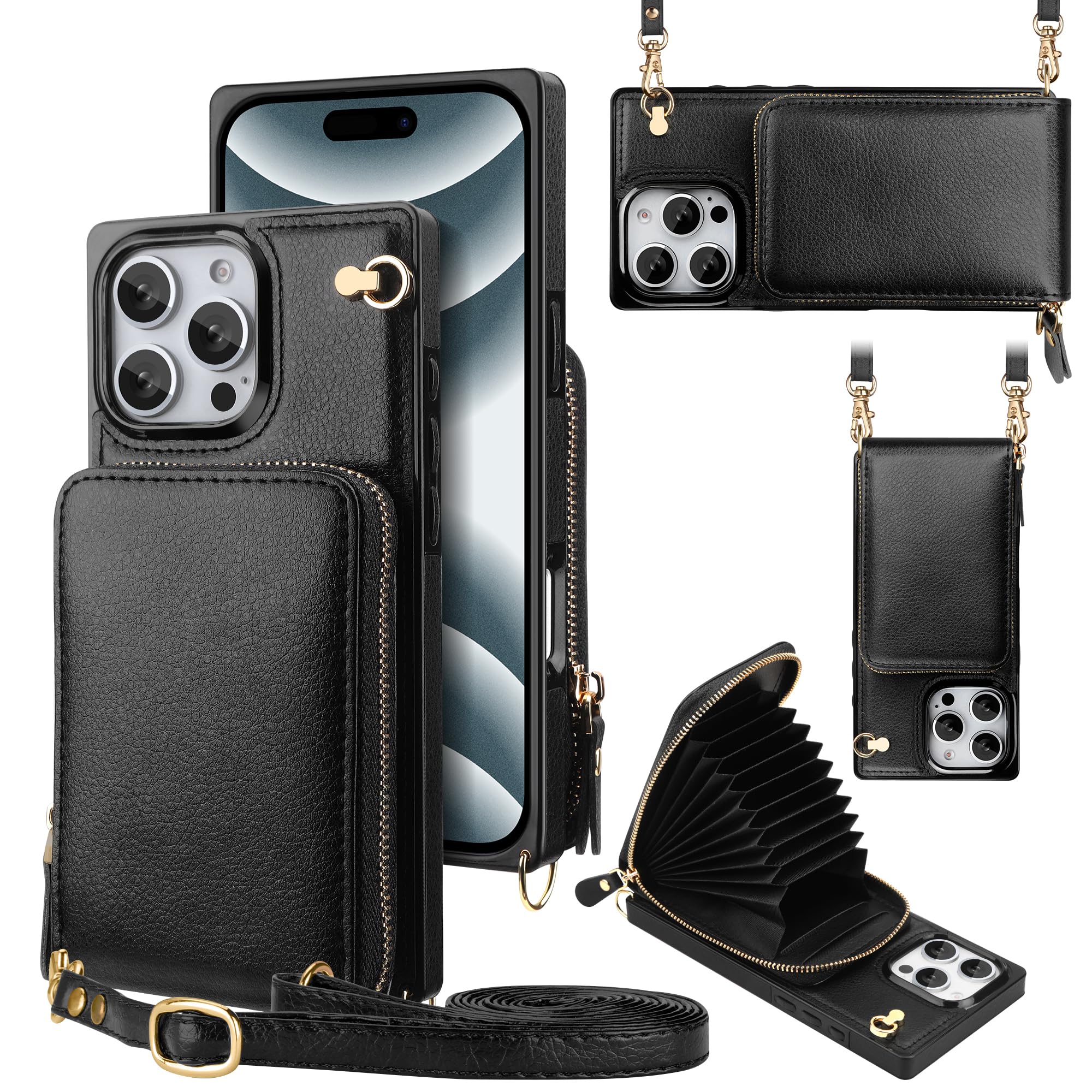 JAKPAK for iPhone 16 Pro Max Case with Card Holder for Phone Wallet Case Crossbody Zipper with Card Slots and Lanyard for iPhone 16 Pro Max 6.9