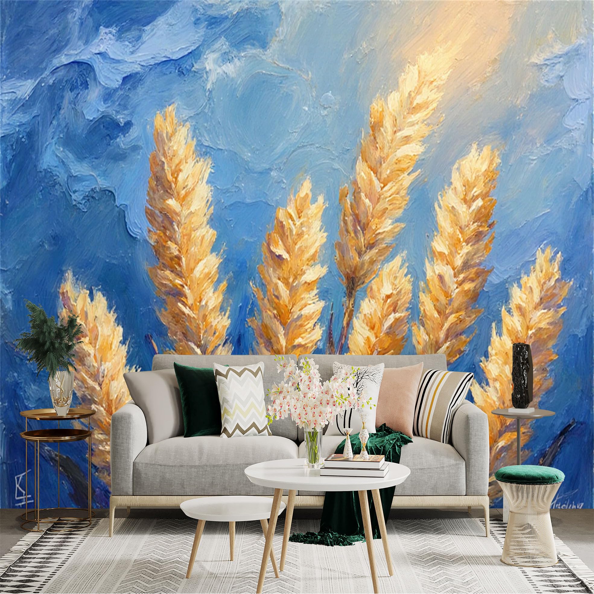 Custom Size Wall Sticker Mural， Golden Wheat Field， Impasto Oil Painting Texture， Rural Harvest Scene， for wall Decoration， peelandstick wall Decals.