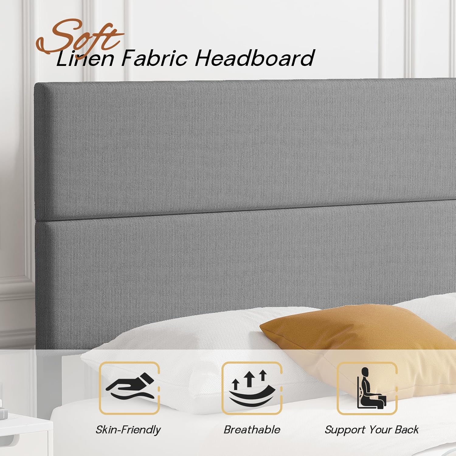 HOWE Twin Size Bed Frame Upholstered Platform Bed with Adjustable Headboard, Sturdy Bedframe Linen Fabric/Easy Assembly/No Box Spring Needed/Noise-Free/Light Grey