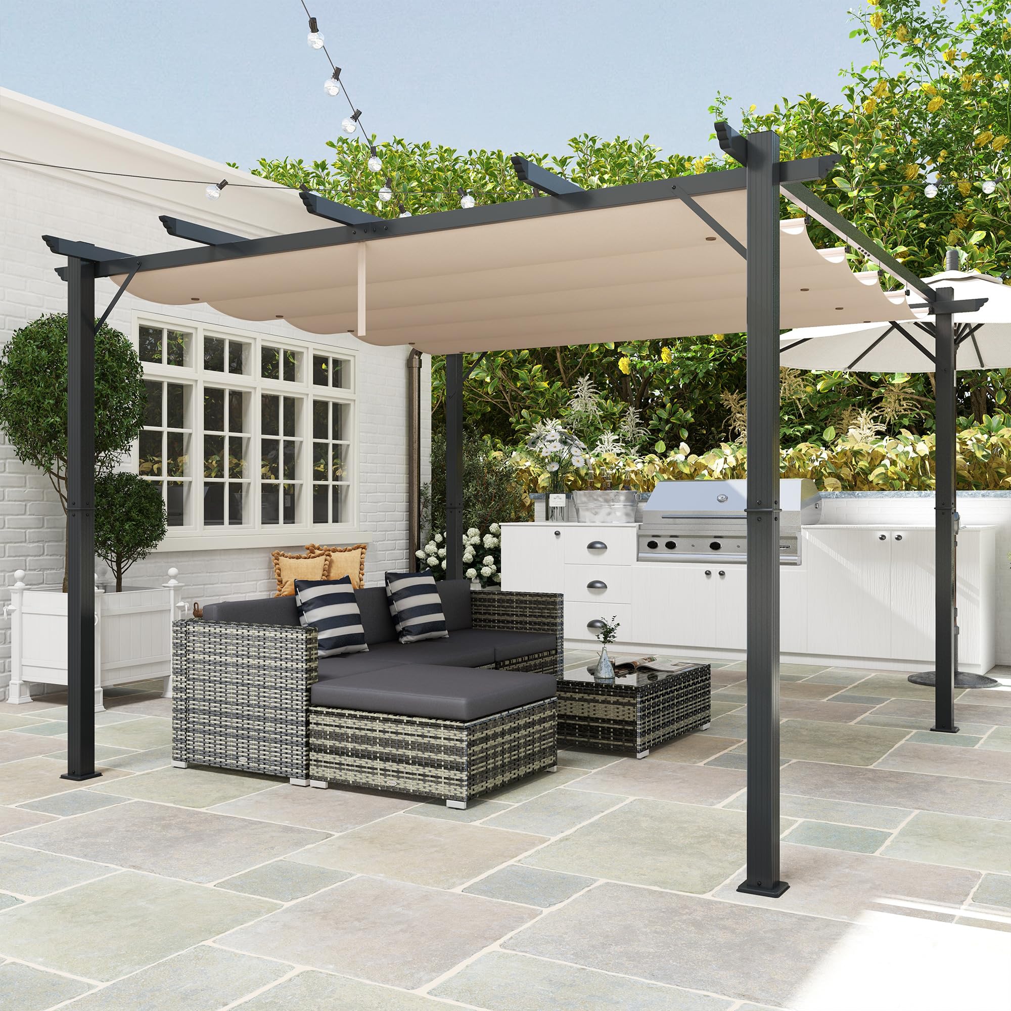 Outsunny Gazebo Pergola da Giardino 3x3 m Tettuccio Retrattile Grigio | Pergolato in Alluminio, Tetto Regolabile Anti UV