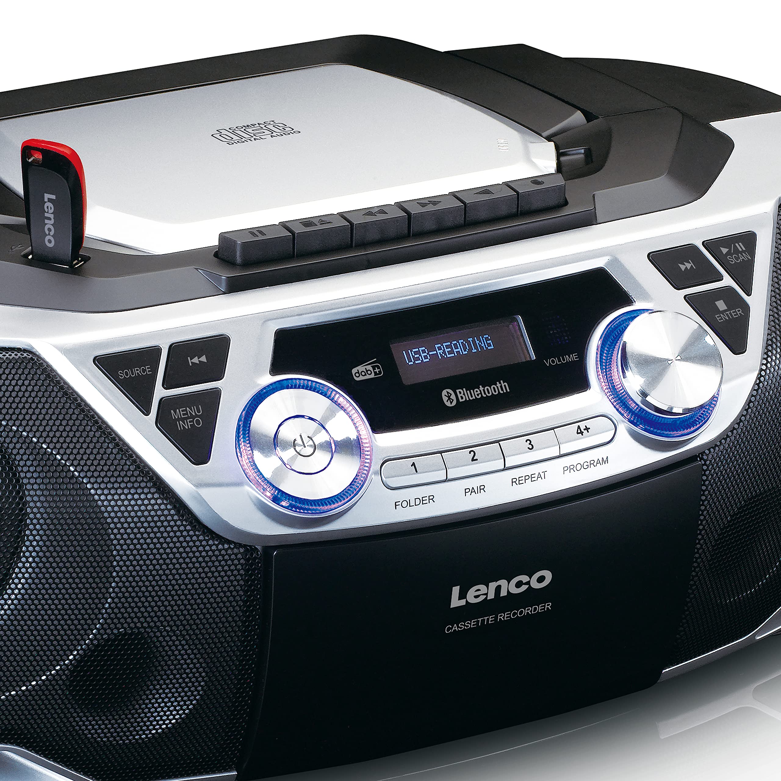 Lenco SCD-720 - Boombox DAB+ - Bluetooth 5.0 - odtwarzacz CD/MP3 od góry - magnetofon - radio FM - złącze USB - 2 x 6 W RMS - Bass Reflex - pilot zdalnego sterowania - srebrny