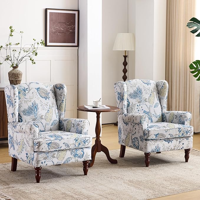 Sillón Tapizado Flores Azul Patas Madera miniatura 8