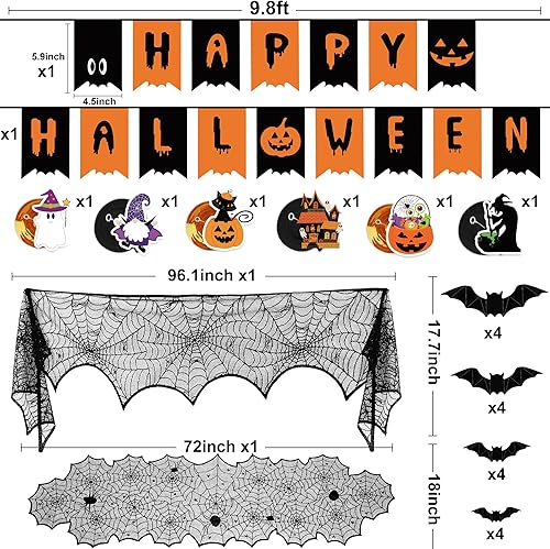Miniatura 2 de Juego de decoraciones de Halloween para interiores  Decoración festiva de Halloween, pancarta colgante de remolinos y telaraña, camino de mesa y