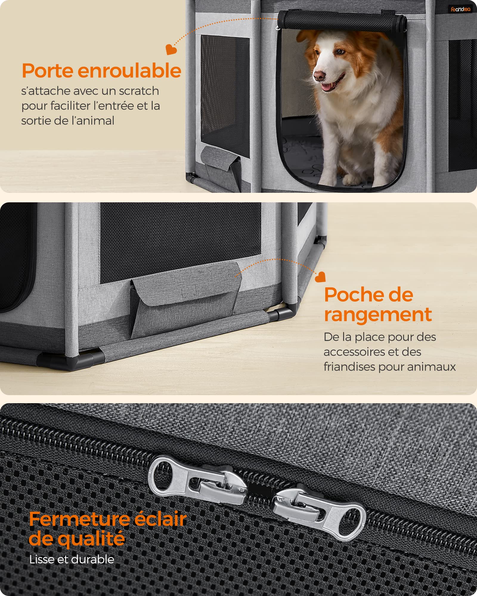 Feandrea Parc pour Chien en Tissu Oxford, Clôture Octogonale, Enclos, Taille L, 112 x 112 x 62 cm, Cadre en Tube PVC, Filet Respirant, Pochette de Rangement, Gris Foncé et Gris Clair PDC003G01