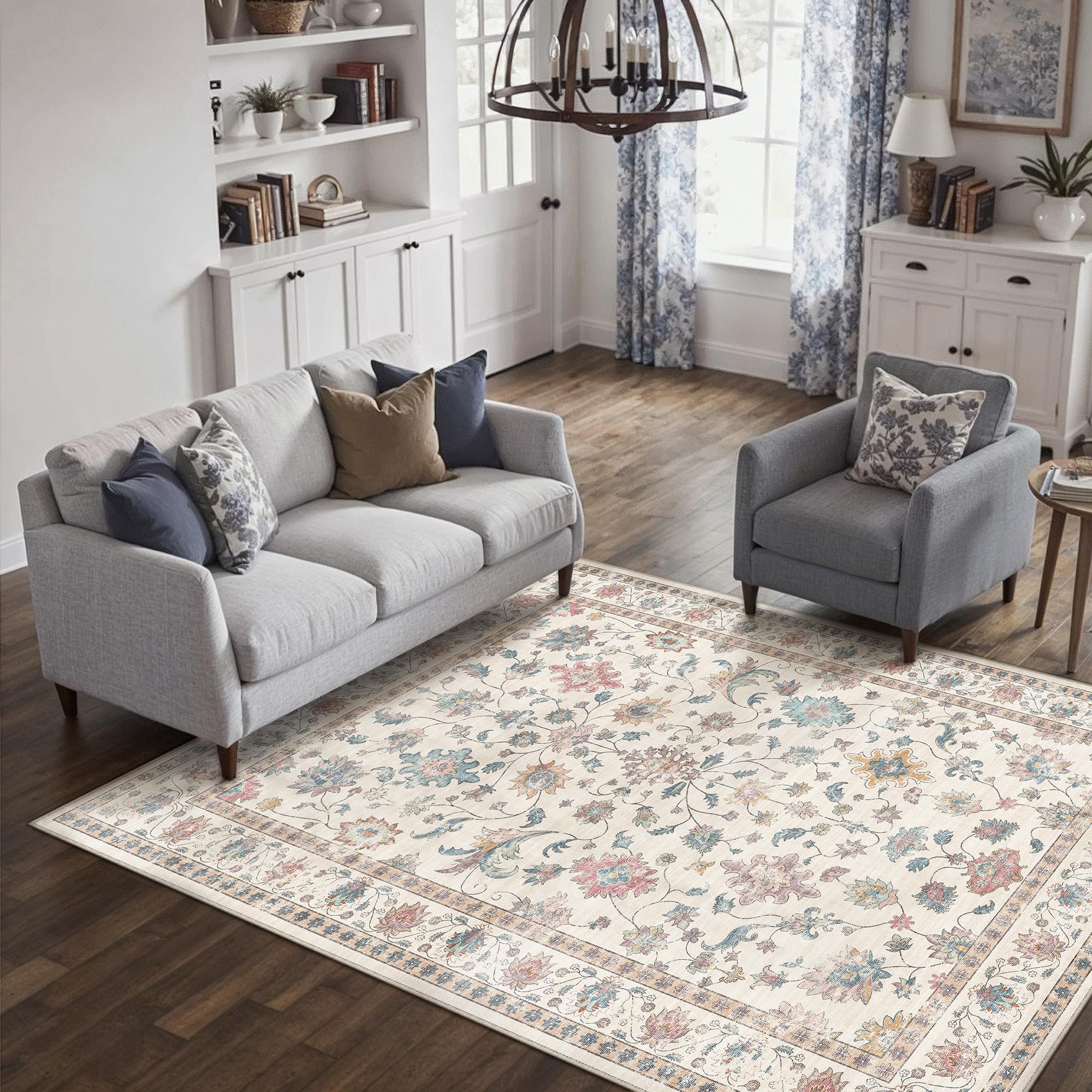 PureCozy Vintage Alfombra Lavable para Salón 140x200cm con Estampado de Flores, de Pelo Corto, Antideslizante, Suave, Boho, para Dormitorio, Comedor, Cocina, Multicolor