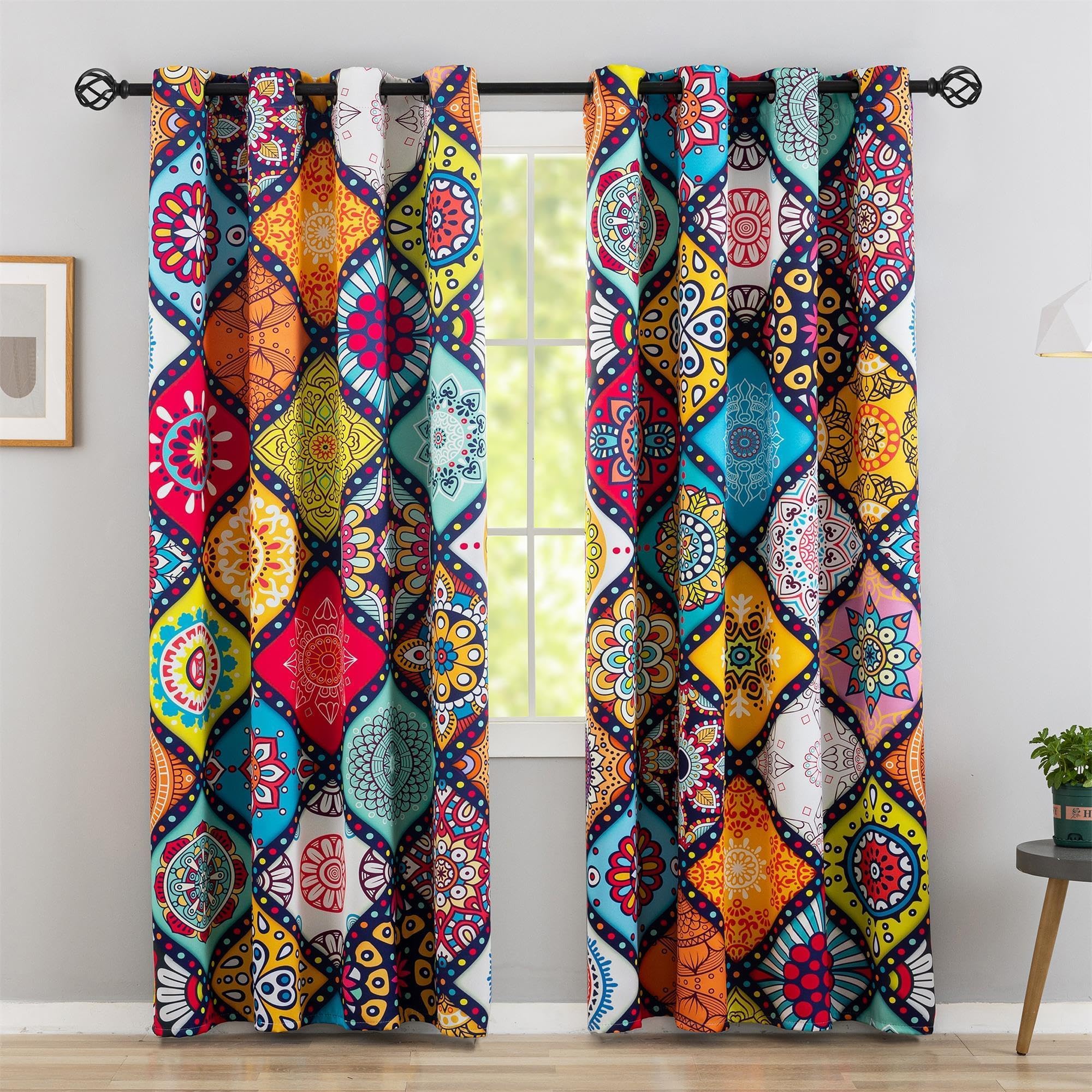 Tyrot Bohemian 100% Blackout Curtains for Bedroom 63 inch Length 2 Panels Set Boho Colorful Mandala Thermal Insulated Room Darkening Window Drapes