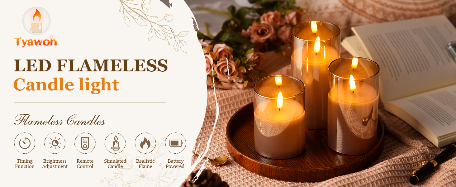 JMTONE Rechargeable Flameless LED Candles With Remote Control – 3 Glass Pillar Candles, Flickering Realistic Flame, Timer Function, Up To 200 Hours, Battery-Free