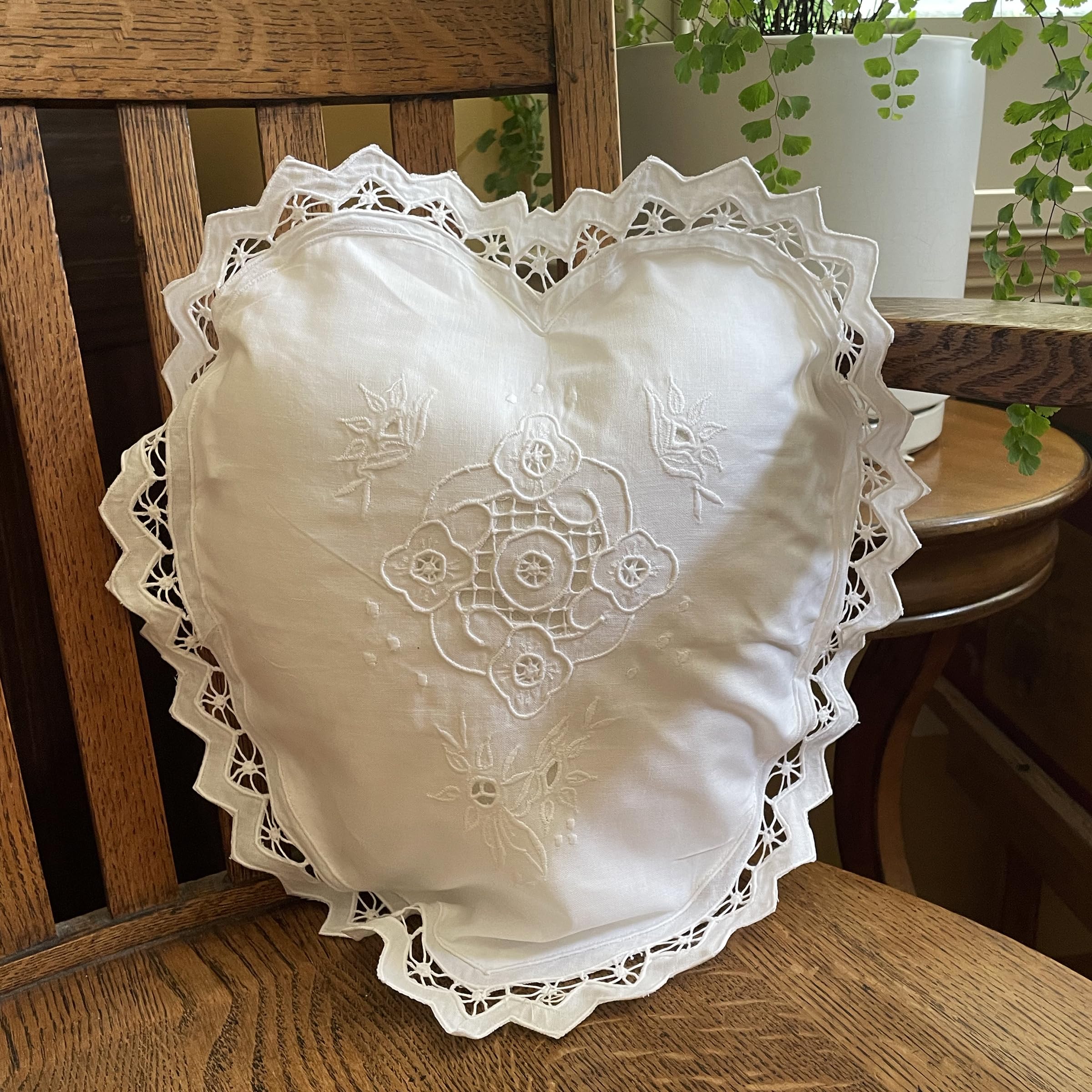 Embroidered and LACE 2-PC Pillow Decorative Pillow Set, 14 inches, Sandra Heart White 14" 2 Count