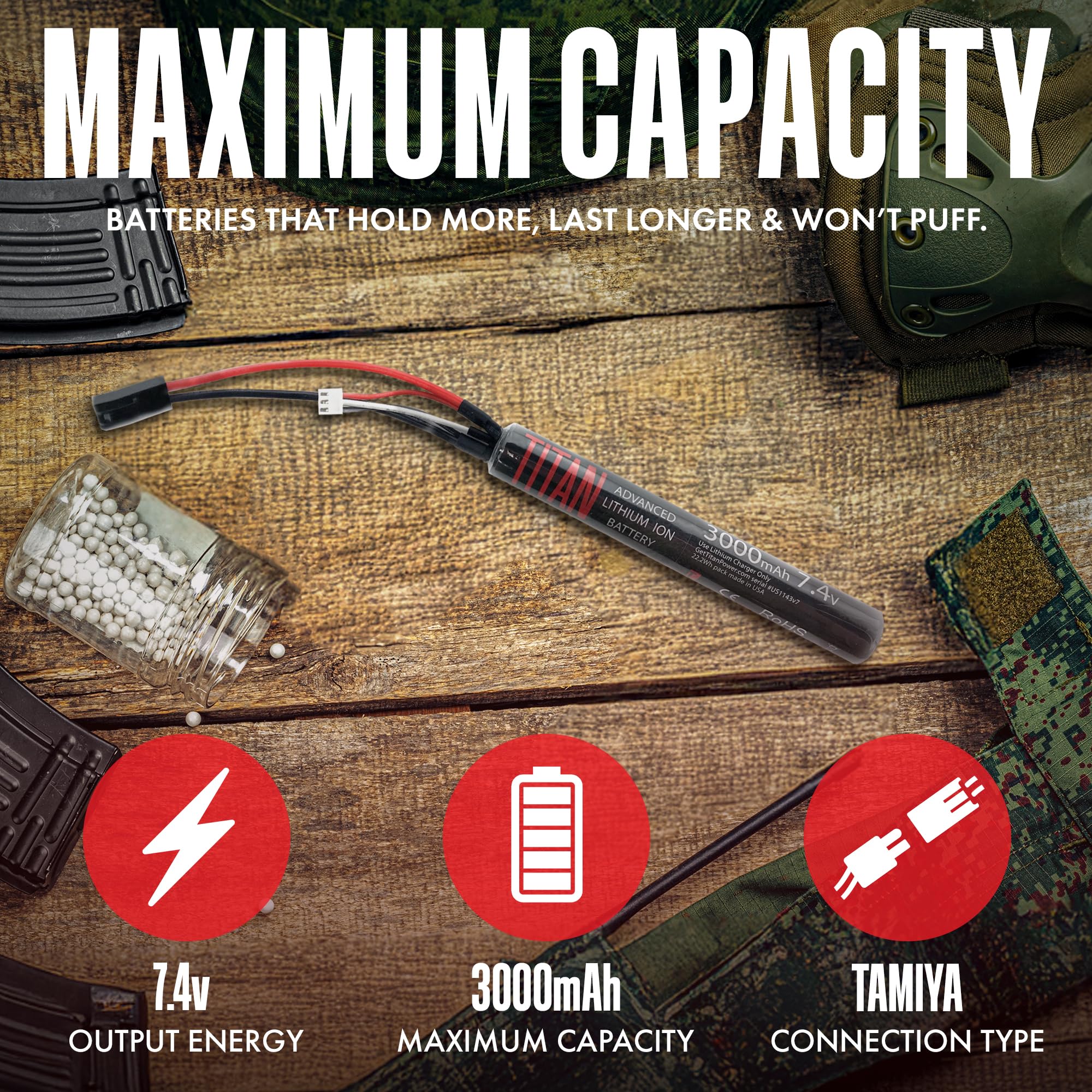 Titan - Batería de iones de litio para Airsoft, 7,4 V, 3000 mAh, 7,4 V, enchufe Tamiya, máxima capacidad y rendimiento, batería de pistola de aire comprimido de 7,4 voltios