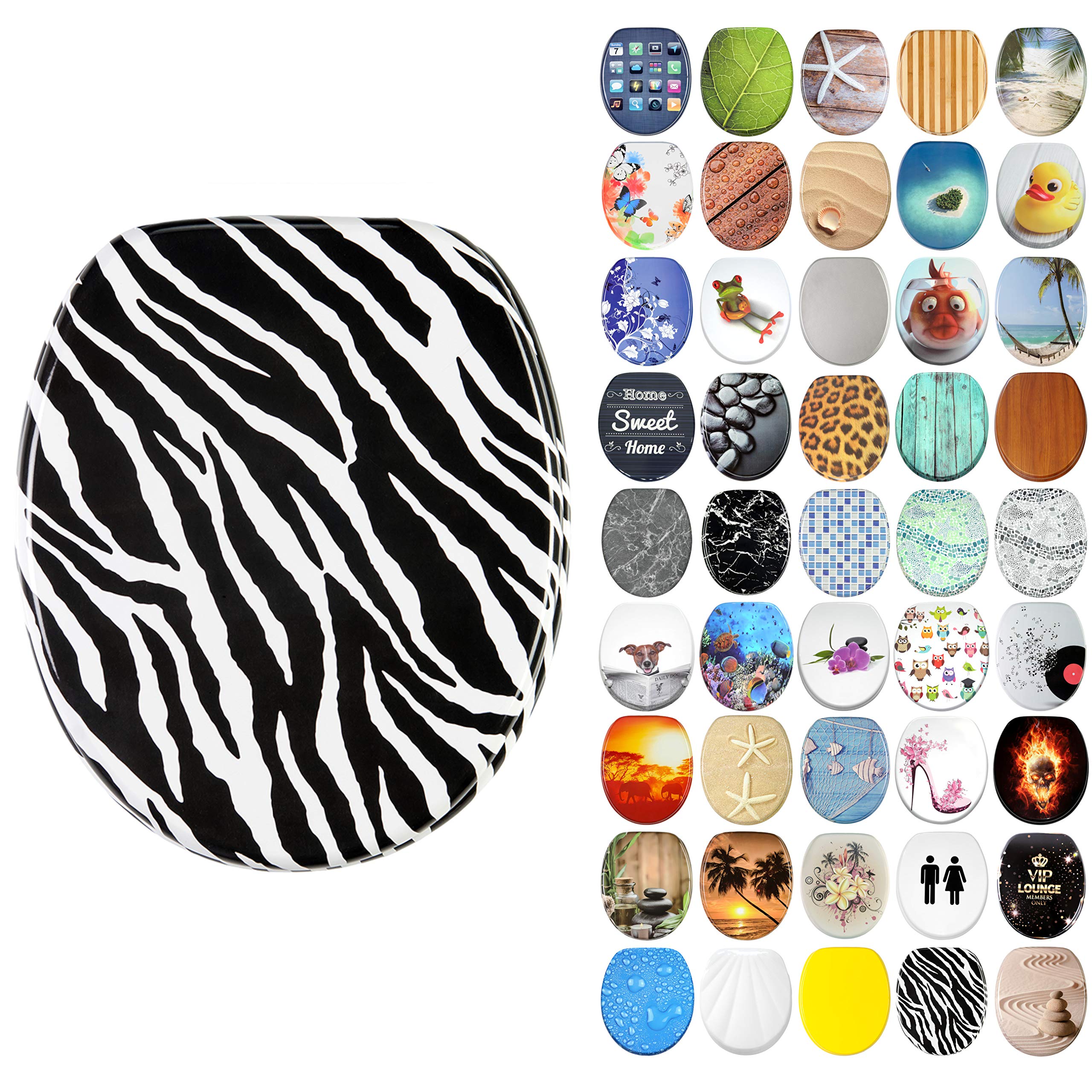 Sanilo Zebra Soft Close Toilet Seat With Quick Release, Toilet Lid Detachable At The Press Of A Button, Easy Installation From Above (Zebra)
