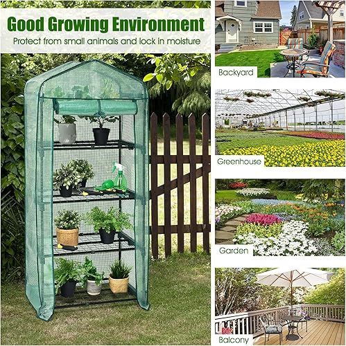 Miniatura 8 de Giantex Mini invernadero portátil, tienda de campaña de jardinería con estante de 4 niveles, cubierta de polietileno resistente a la intemperie,