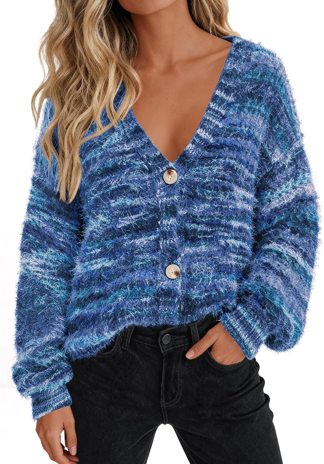 PRETTYGARDEN Womens Cardigan Sweaters Fall Fashion 2026 Striped Long Sleeve Button V Neck Knit Fuzzy Outerwear Winter Clothes