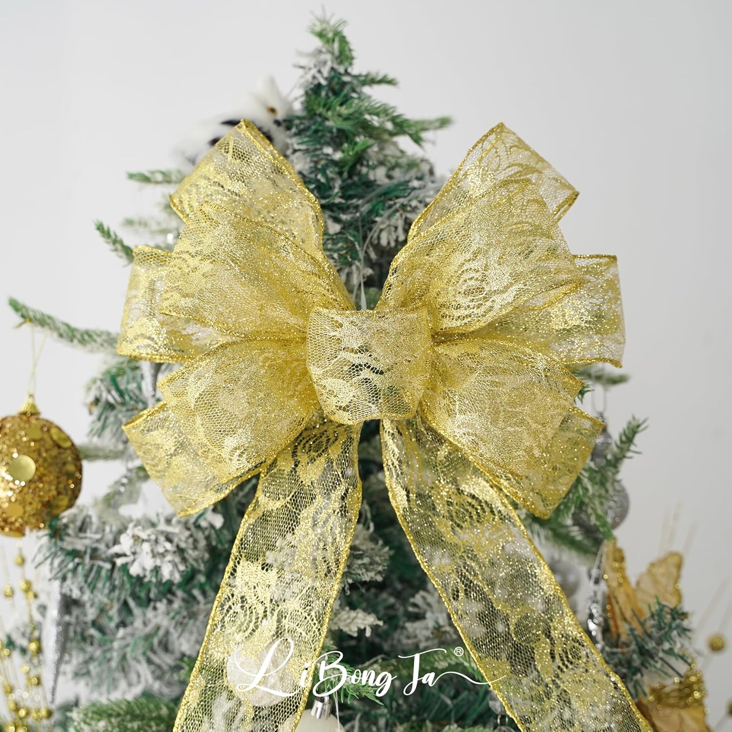 13" x 20'' Gold Lace Bows Wired Edge Valentine Tree Topper Bow, Glitter Bow Party Decorations, Premade Metallic Bows with Twist Tie, Large Gift Bow for Outdoor Wreath, Wedding-2 PCs - Image 5