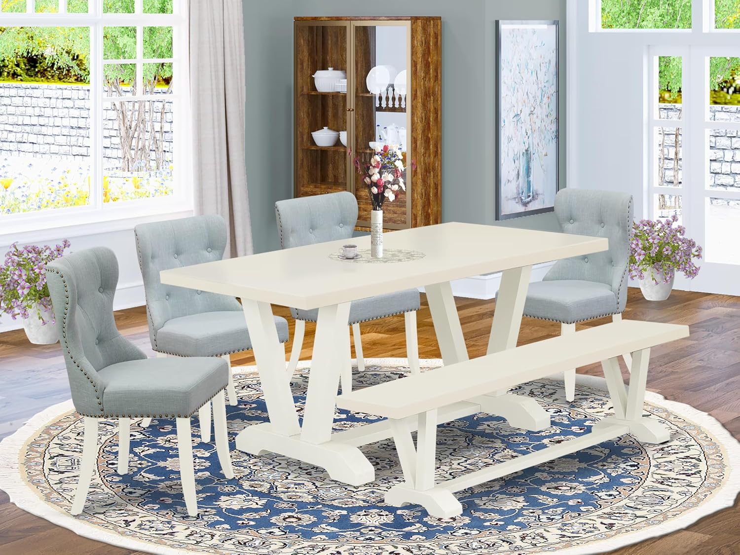 East West Furniture V026SI215-6 6 Piece Kitchen Table Set Contains a Rectangle Dining Table with V-Legs and 4 Baby Blue Linen Fabric Parson Chairs with a Bench, 36x60 Inch, Multi-Color