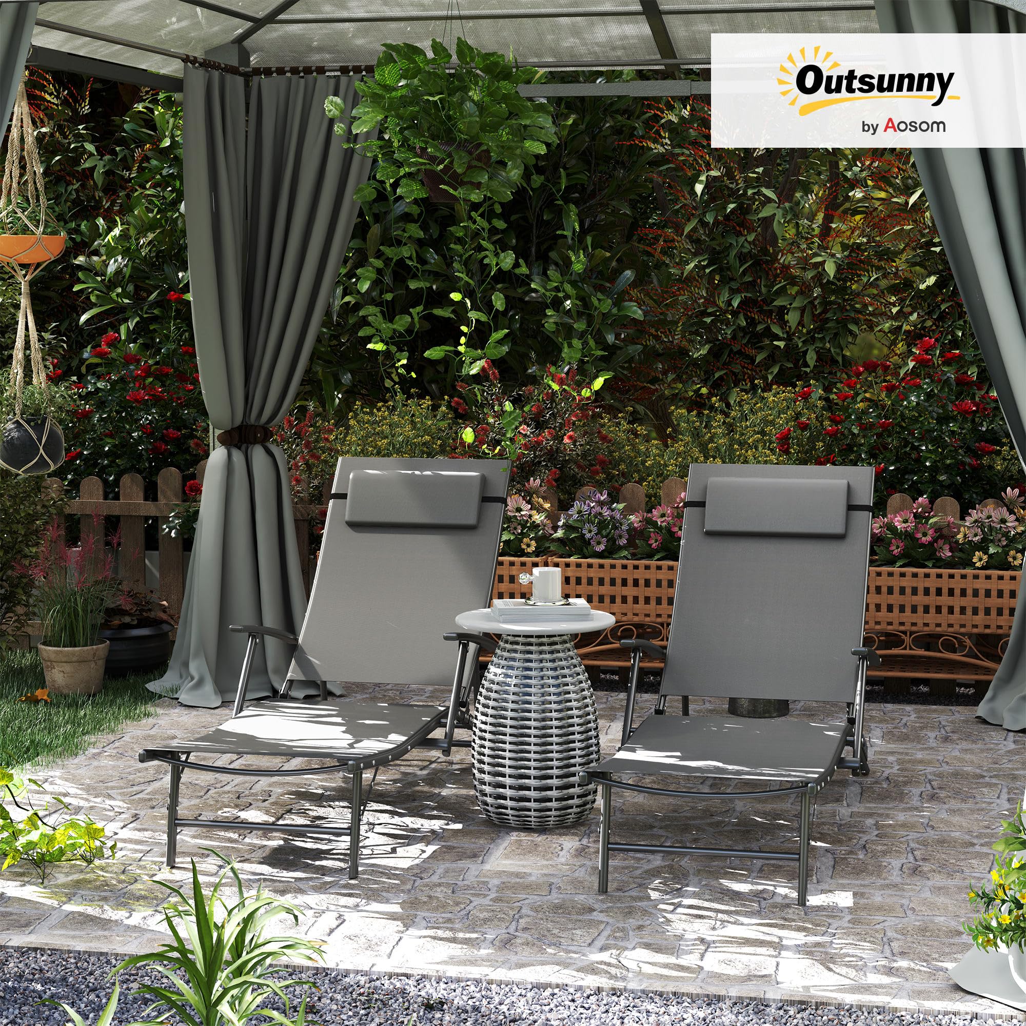 Outsunny Set di 2 Lettini Prendisole Pieghevoli 64x168x75 cm Grigio | Schienale Regolabile su 4 Livelli, Sdraio da Giardino, Seduta e Poggiatesta in Acciaio e Textilene, per Spiaggia e Piscina