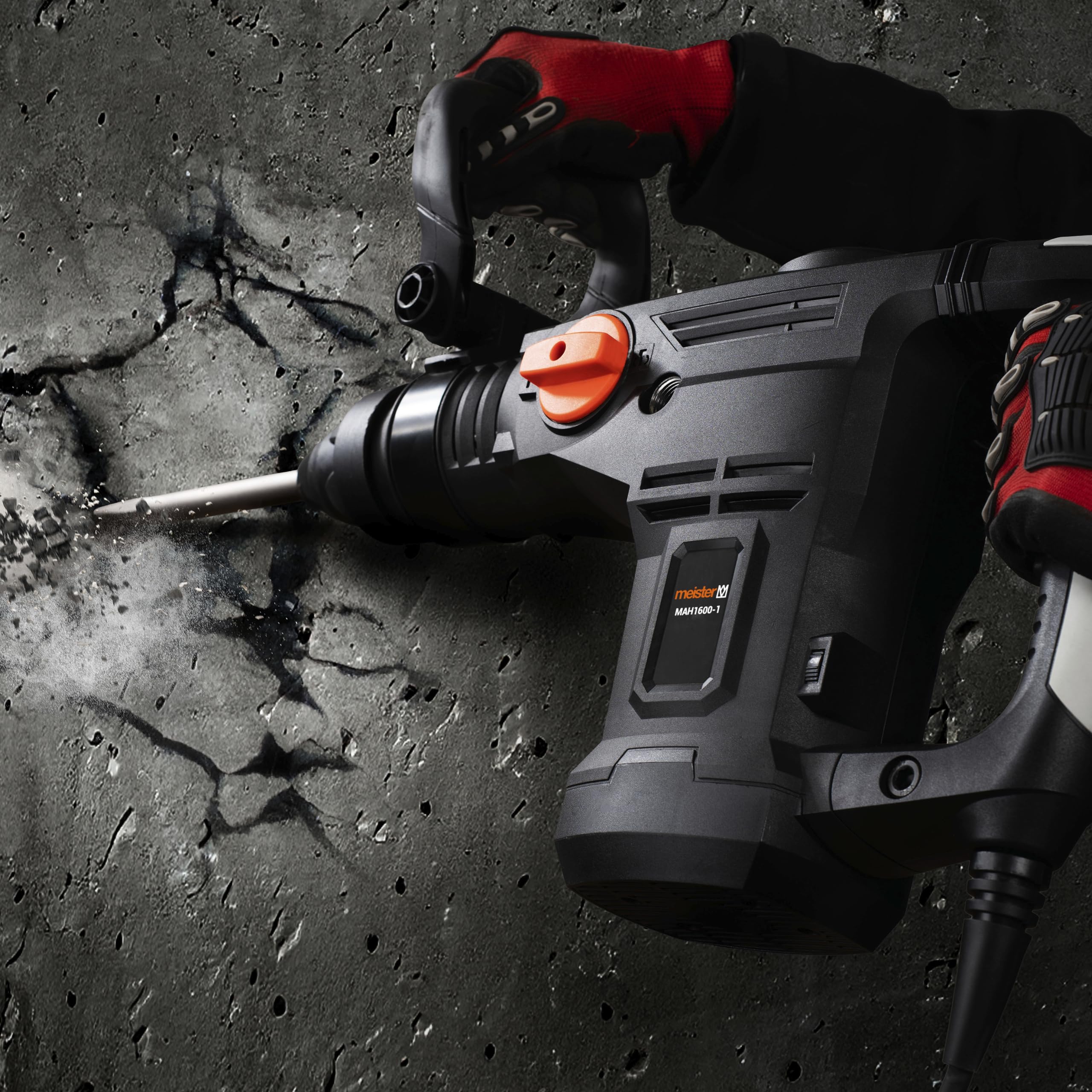 Meister - Martillo de demolición (1600 W, MAH1600-1) - Mandril SDS-Max - Potencia de ataque 25 julios - Mango antivibración - Con cincel plano y puntiagudo/martillo perforador en el maletín/martillo