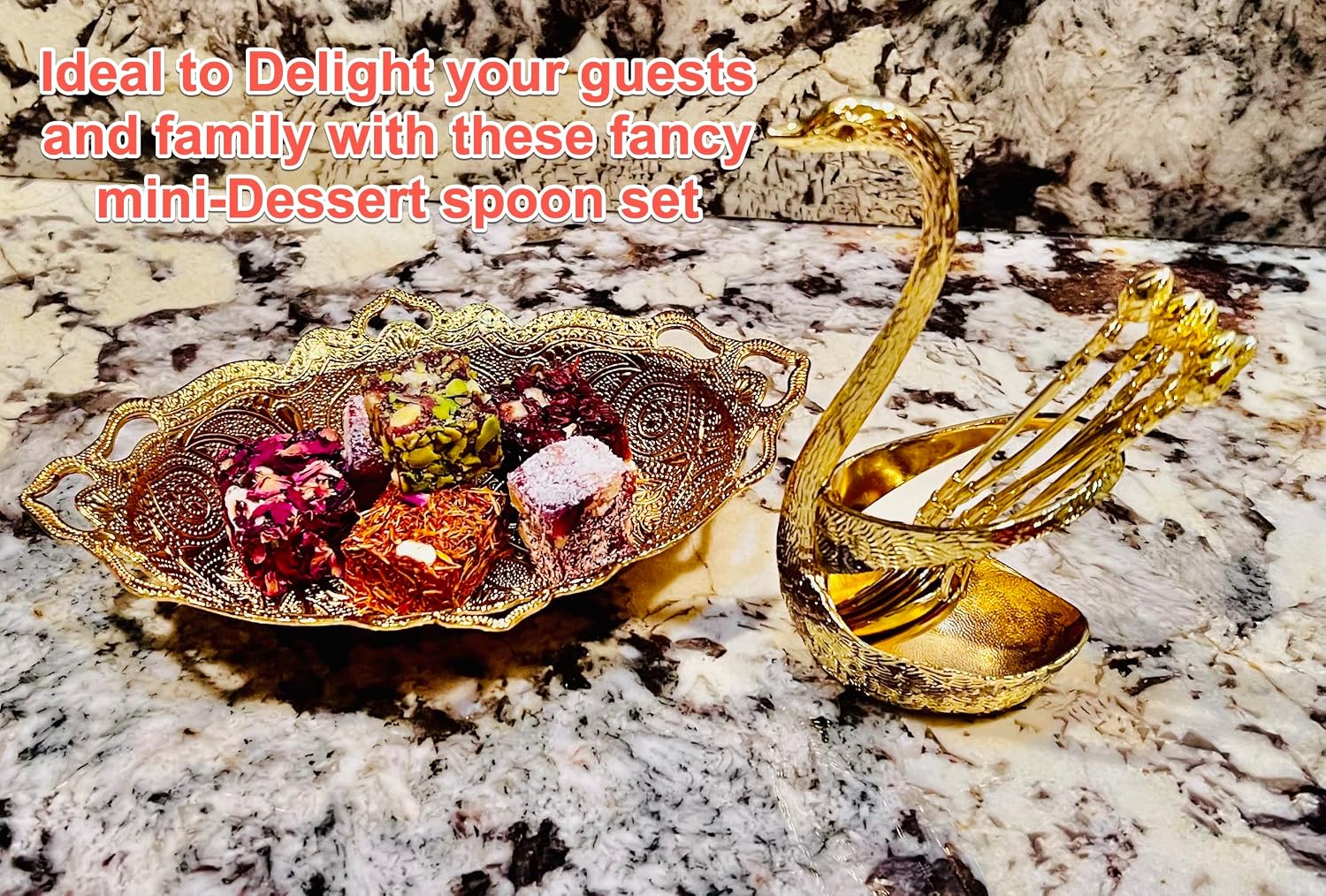 Swan Spoon Eid Mini Spoon Cutlery Set - Luxury Festive Flatware, Modern Decoration with Holder 7 PCS/Set (Gold)