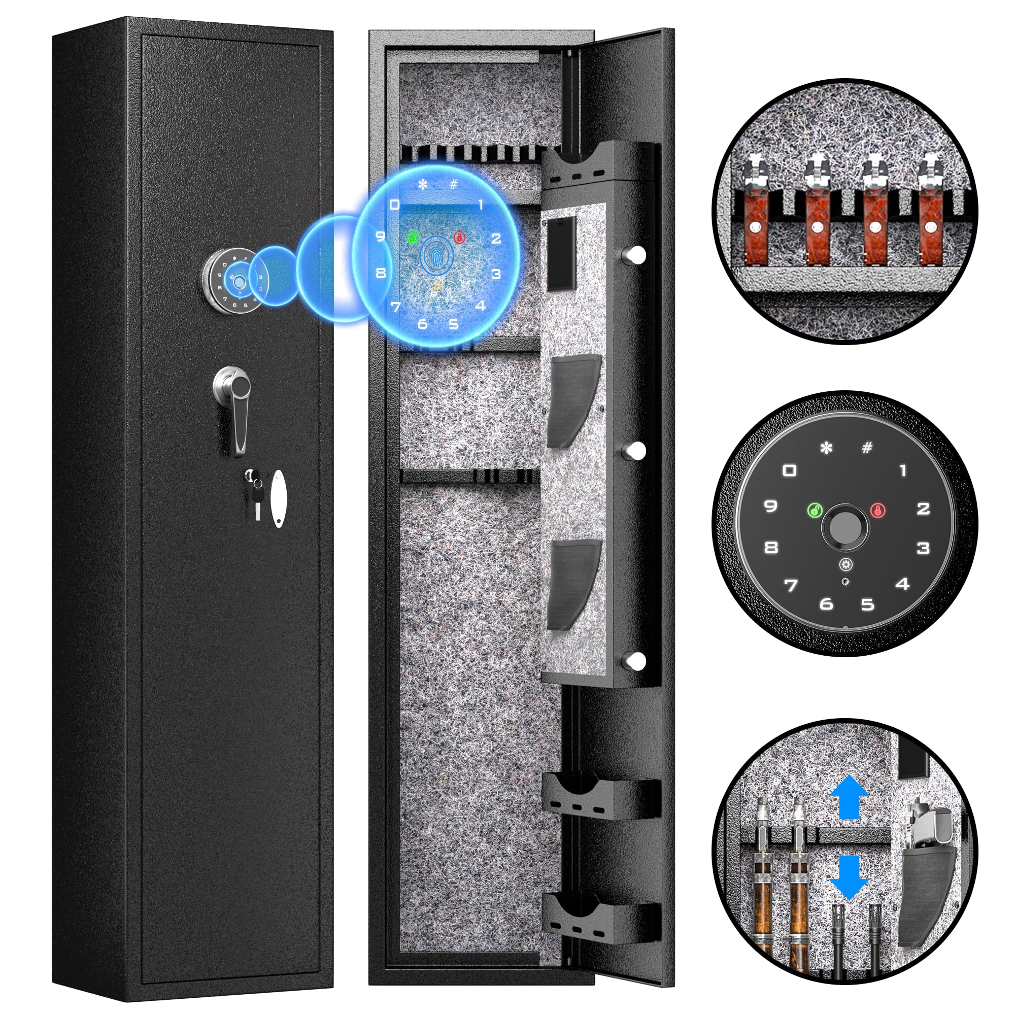 INTERGREATFingerprint Rifle Gun Safe, 4-10 Gun Safes for Home Rifle and Pistols, Quick Access Rifle Safe for Pistols and Shotguns, Gun Locker with 3 Adjustable Shelf, Pockets for Handgun, Firearms