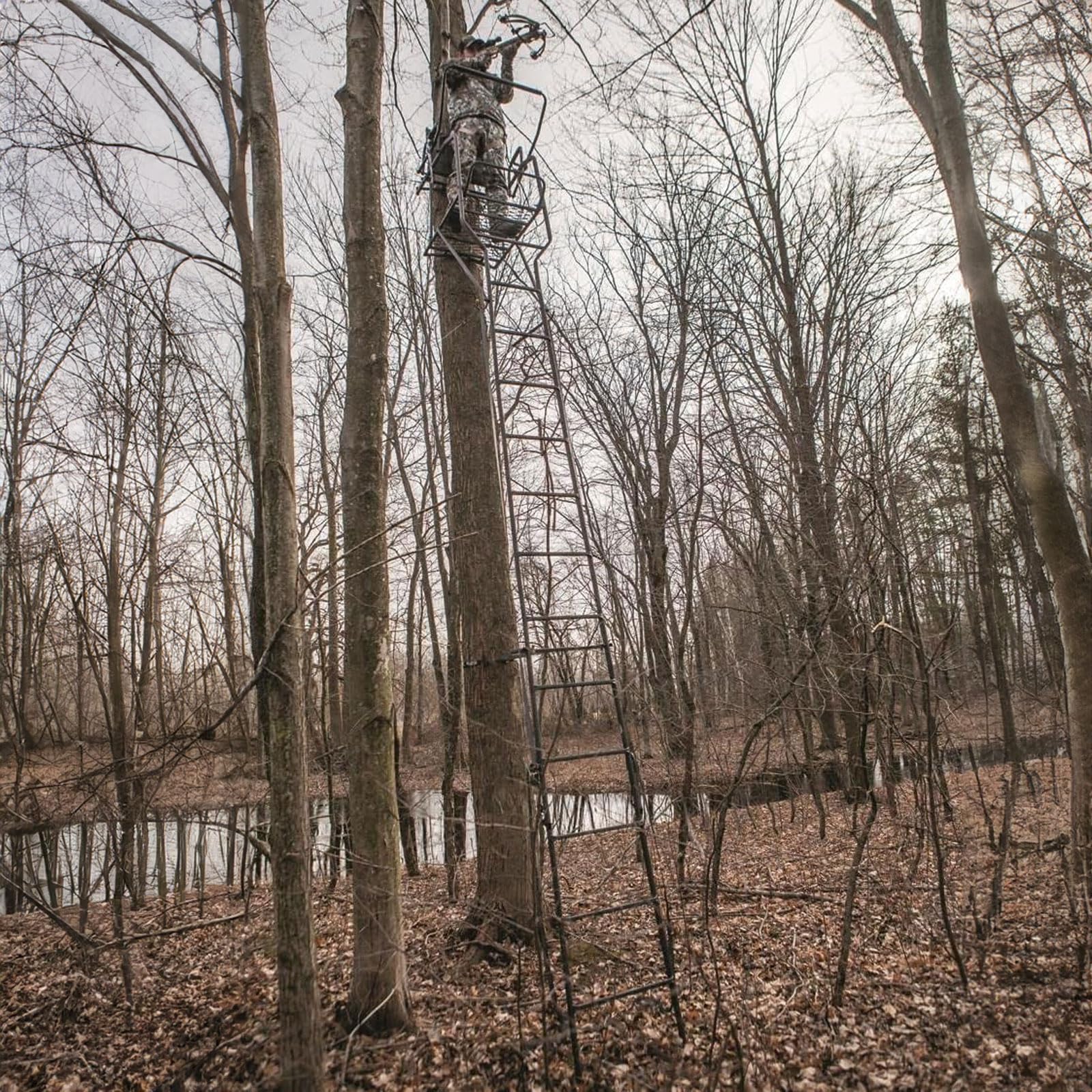 Hawk 20' 1.5-Man Bighorn Ladder Stand | Durable Hunting Archery Steel 1 Person Tree Stand with Chair, Kick-Out Footrest, Flip Back Shooting Rail & Noise Free Ladder