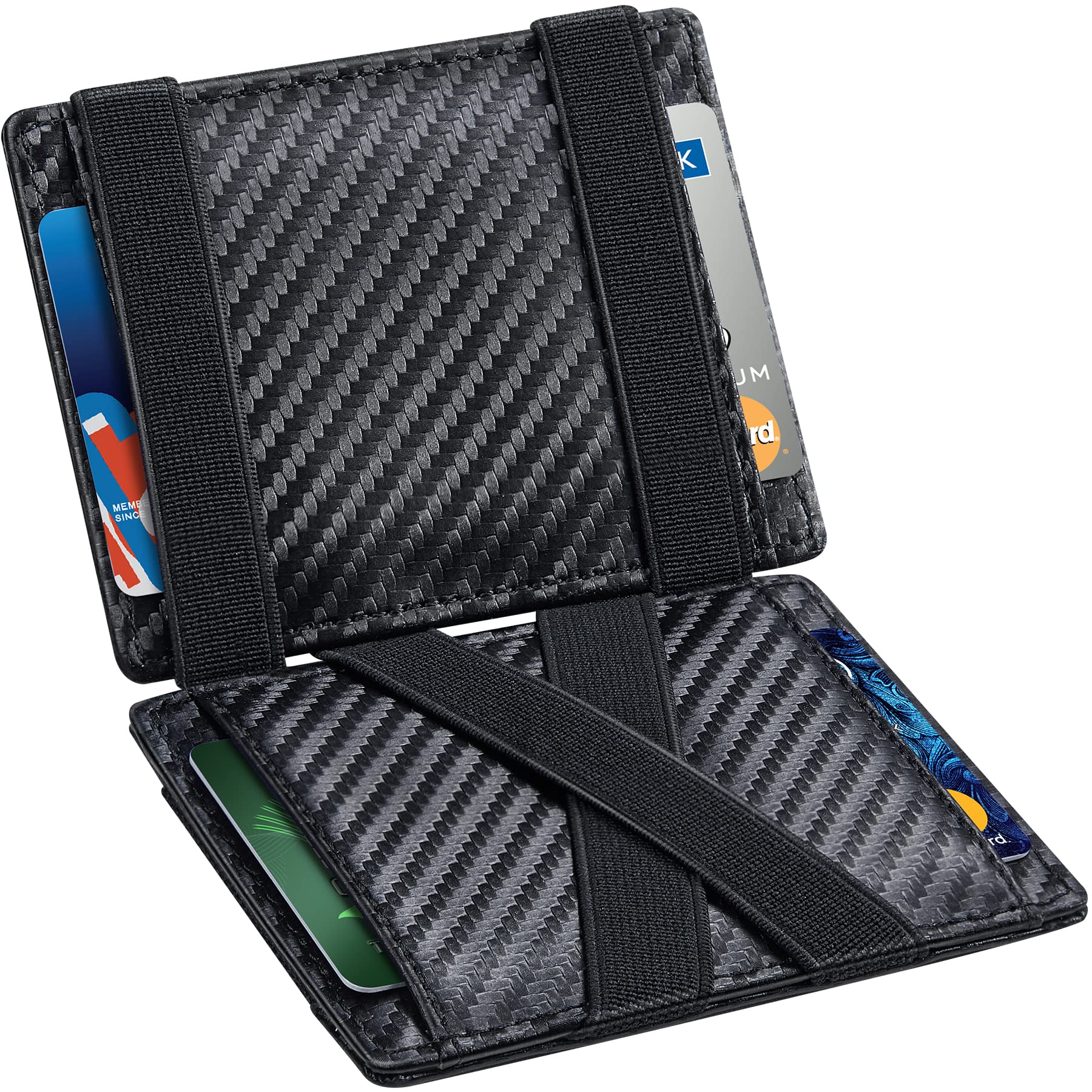 TEEHON® Wallets Mens Flap Magic RFID Blocking | Carbon Fiber Men Wallet | Slim Wallet with Elastic Strap for banknotes Coin Pocket Credit Cards | Smart Wallet for Men Pull Tab Front Pocket for Gift