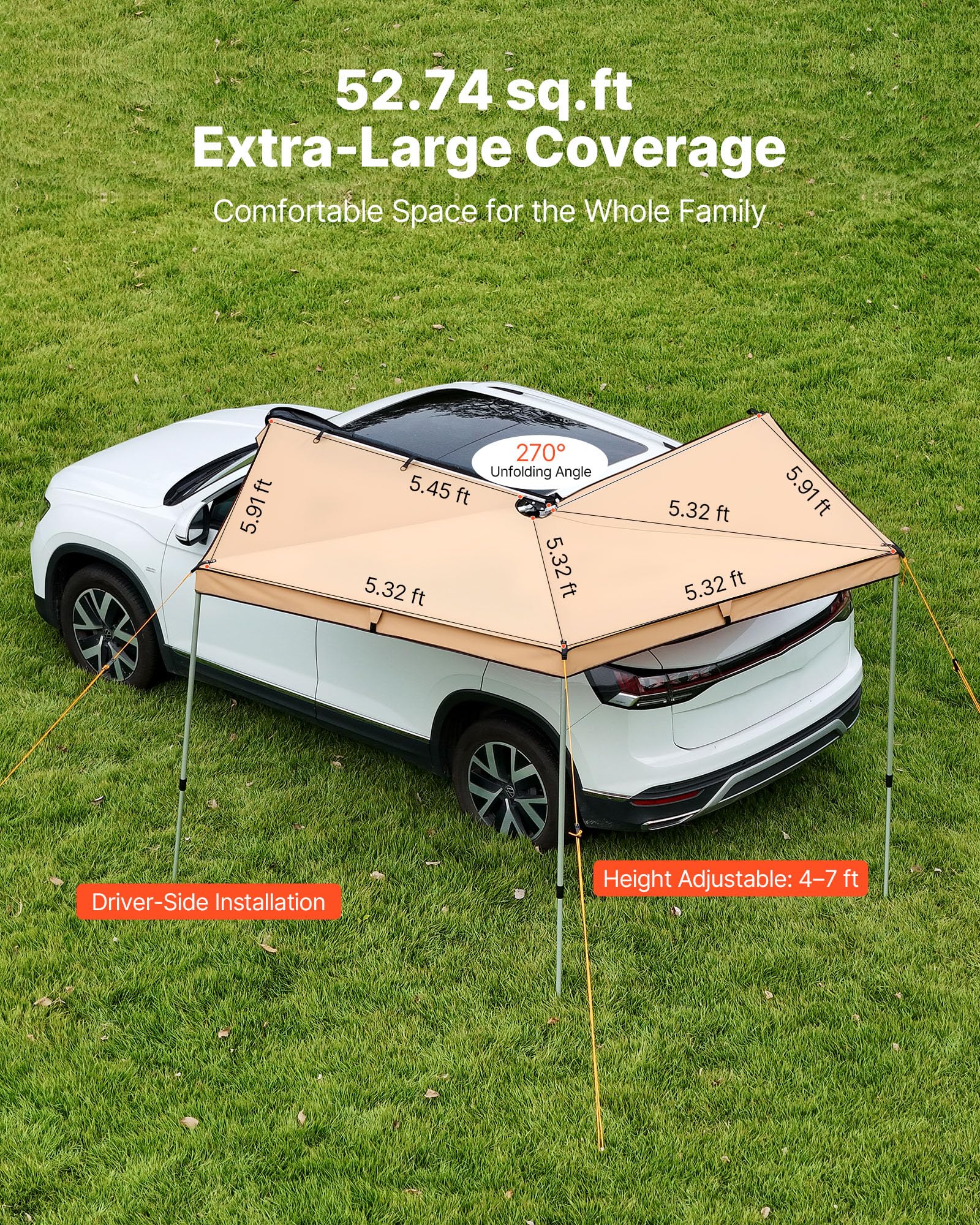 VEVOR Auvent 270 Degrés 3,19x2,10 m Auvent Voiture Latéral Rétractable Abri Autoportant Toutes Saisons Imperméable UV50+ pour Véhicule SUV Fourgonnettes Camionnettes Camping, avec Sac de Rangement
