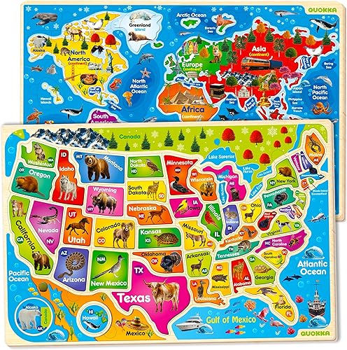 QUOKKA Wooden Puzzles for Kids Ages 4-6 - 2 Realistic USA and World Map Puzzles for Toddlers 3-5 - Montessori Wood Educational Toys for 2-4 Years Old - Geography Learning Games for Kids 6-8