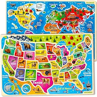 QUOKKA Wooden Puzzles for Kids Ages 4-6 - 2 Realistic USA and World Map Puzzles for Toddlers 3-5 - Montessori Wood Educational Toys for 2-4 Years Old - Geography Learning Games for Kids 6-8