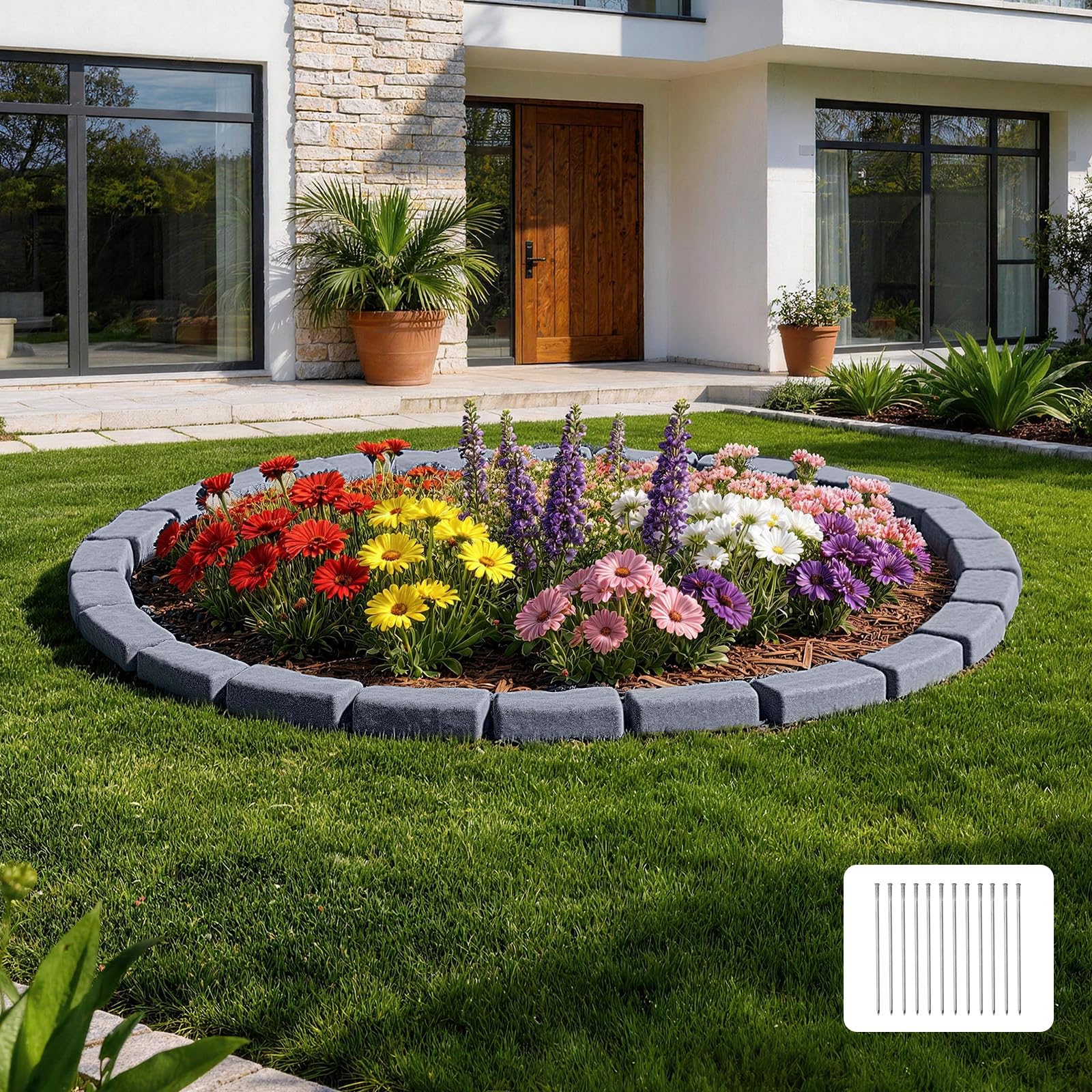 VEVOR Bordure de Jardin Imitation Pierre 4,7 m Bordure Parterre Aspect Pierre Plastique pour Pelouse Allée, Lot de 4, 6 Briques par Section 1180x95x57 mm, 12 Piquets, 1 Embout, sans Creuser, Gris Grès