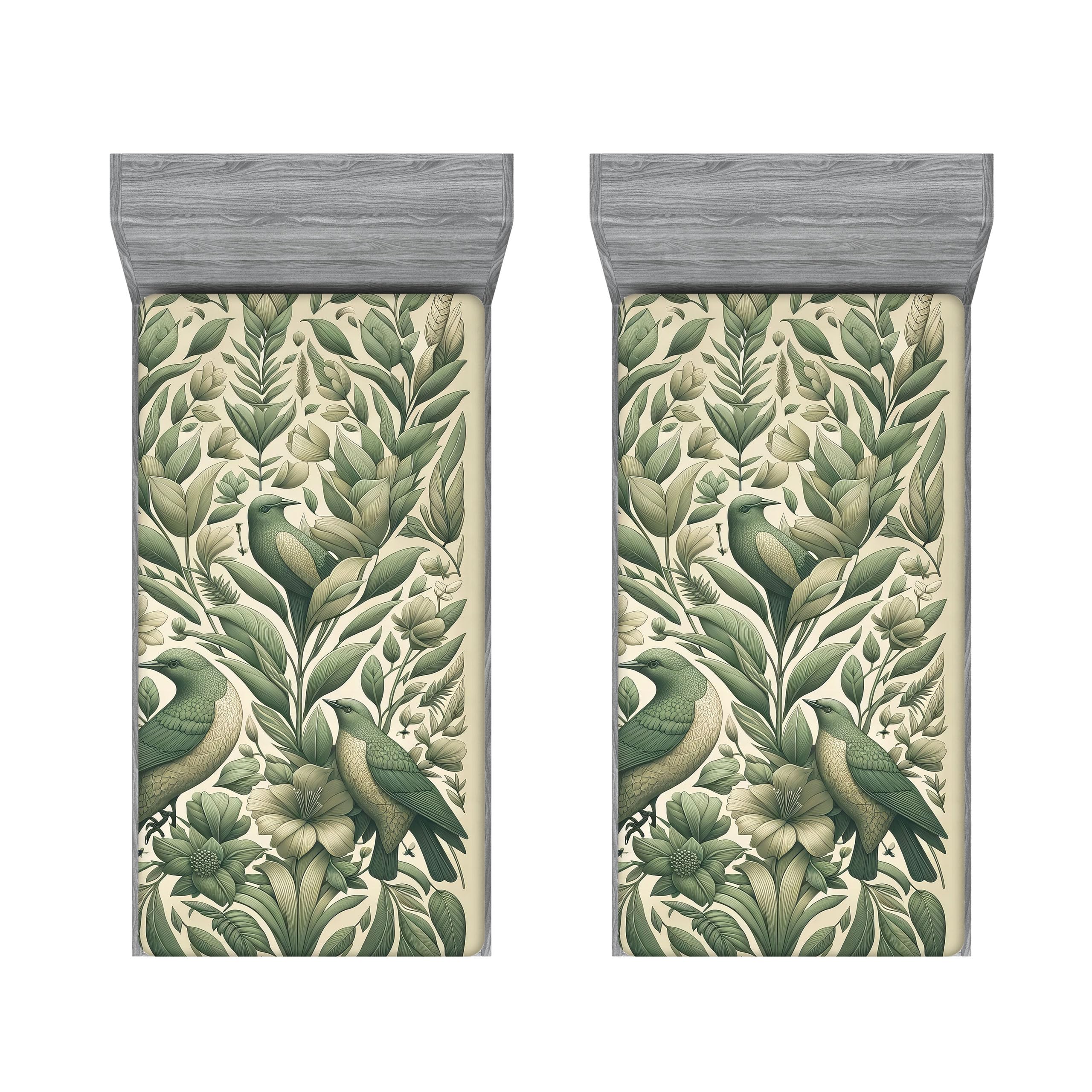 Ambesonne Birds and Nature 2 Pack Fitted Sheet, Wings Leafy Floral, Bed Cover All-Round Elastic Deep Pockets 2 Pieces, Package Contains 2 Twin XL Size Fitted Sheets, Laurel Green Pale Khaki