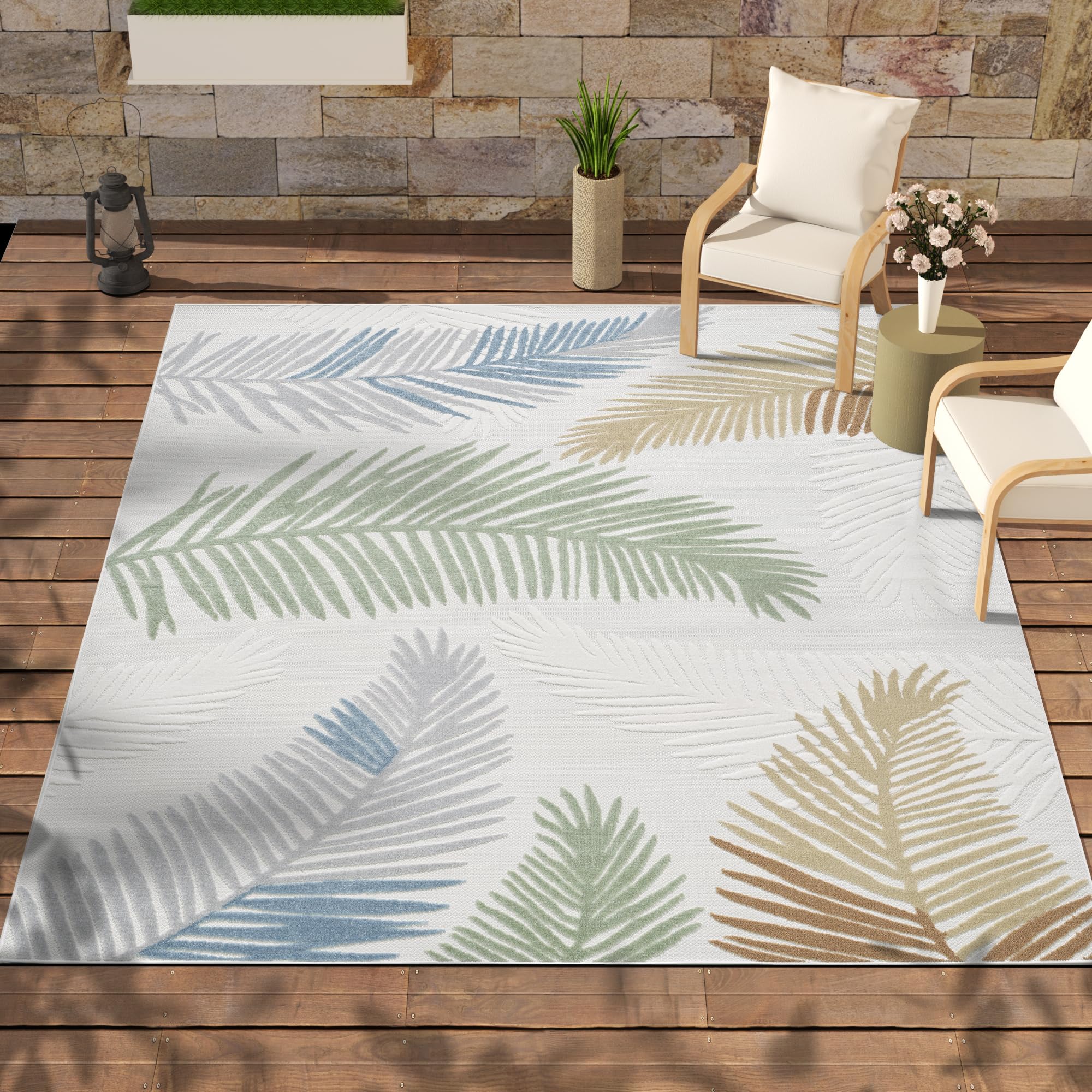 YUIlili 8X10 Patio Rug, Outdoor Tropical Rug, Soft High-Low Pile Indoor Outdoor Carpet, Non-Shedding Easy to Clean, Perfect for Veranda, Terrace,