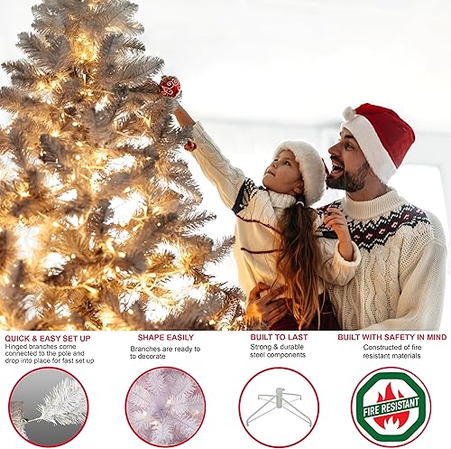 Miniatura 7 de Puleo International Árbol de Navidad artificial de abeto Fraser blanco preiluminado de 7.5 pies con 350 luces transparentes, blanco