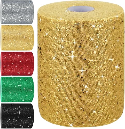 Timgle Tela de tul con purpurina de 6 pulgadas por 100 yardas, rollos de tela de tul, cinta de tul con purpurina y lentejuelas, carrete de tul para