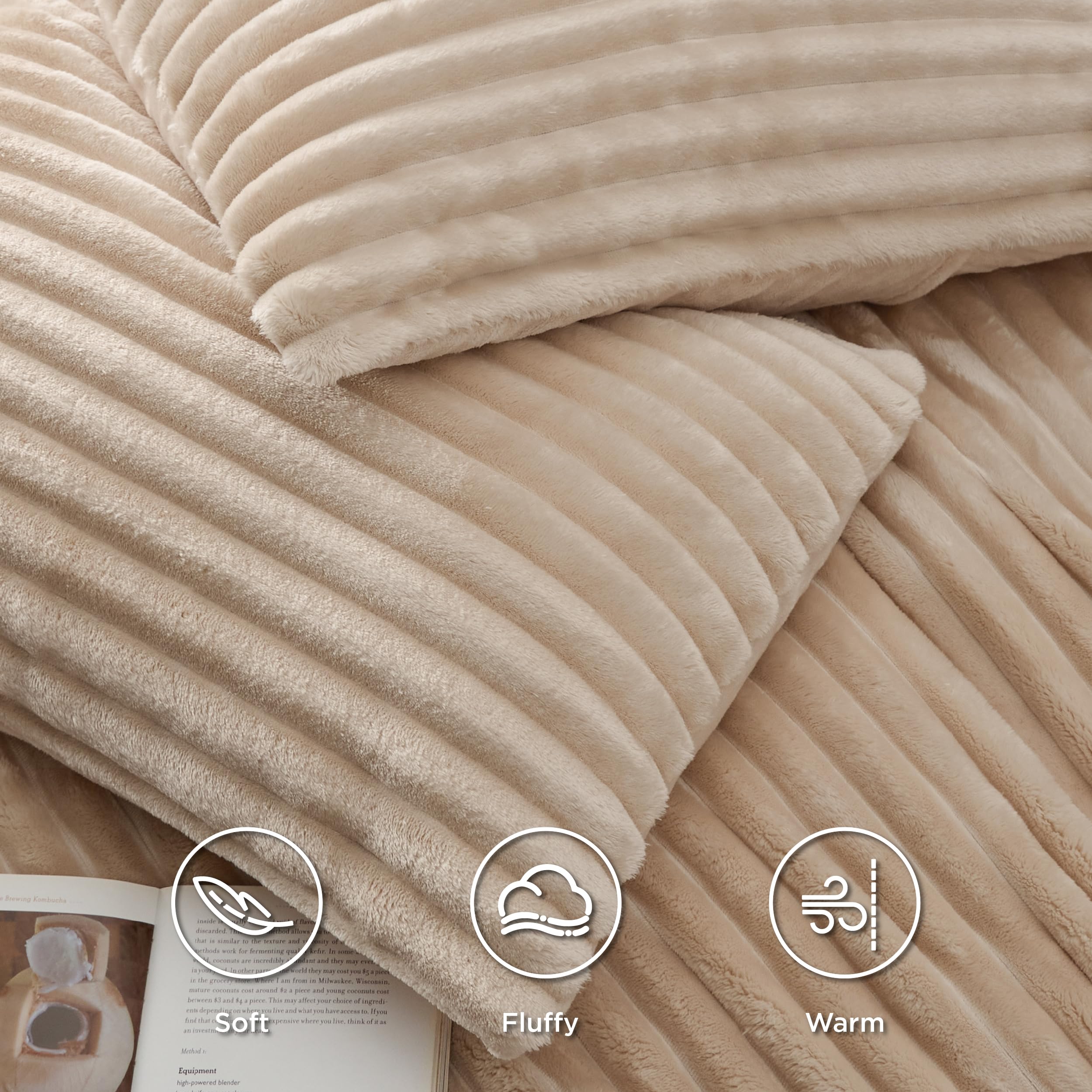 Bedsure Fluffy Duvet Cover Set - Ultra Soft Plush Shaggy Comforter Cover Queen Size, Warm Flannel Fleece Bed Sets for Winter, 3 Pieces, 1 Duvet Cover & 2 Pillowcases (Striped Pattern, Taupe)