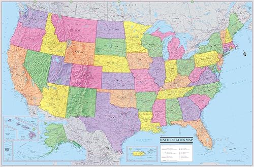 CoolOwlMaps - Póster de mapa de pared de Estados Unidos, 36 x 24 pulgadas, papel enrollado de Estados Unidos