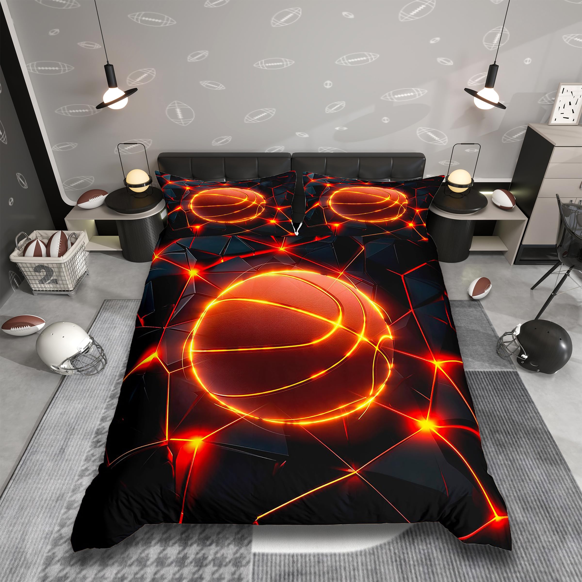 Homemissing Schwarz Rot Basketball Bettwäsche Set 135x200cm für Jungen Jugendliche Mädchen geometrische Linien Bettbezug Ballspiele Betten Moderne Kunst