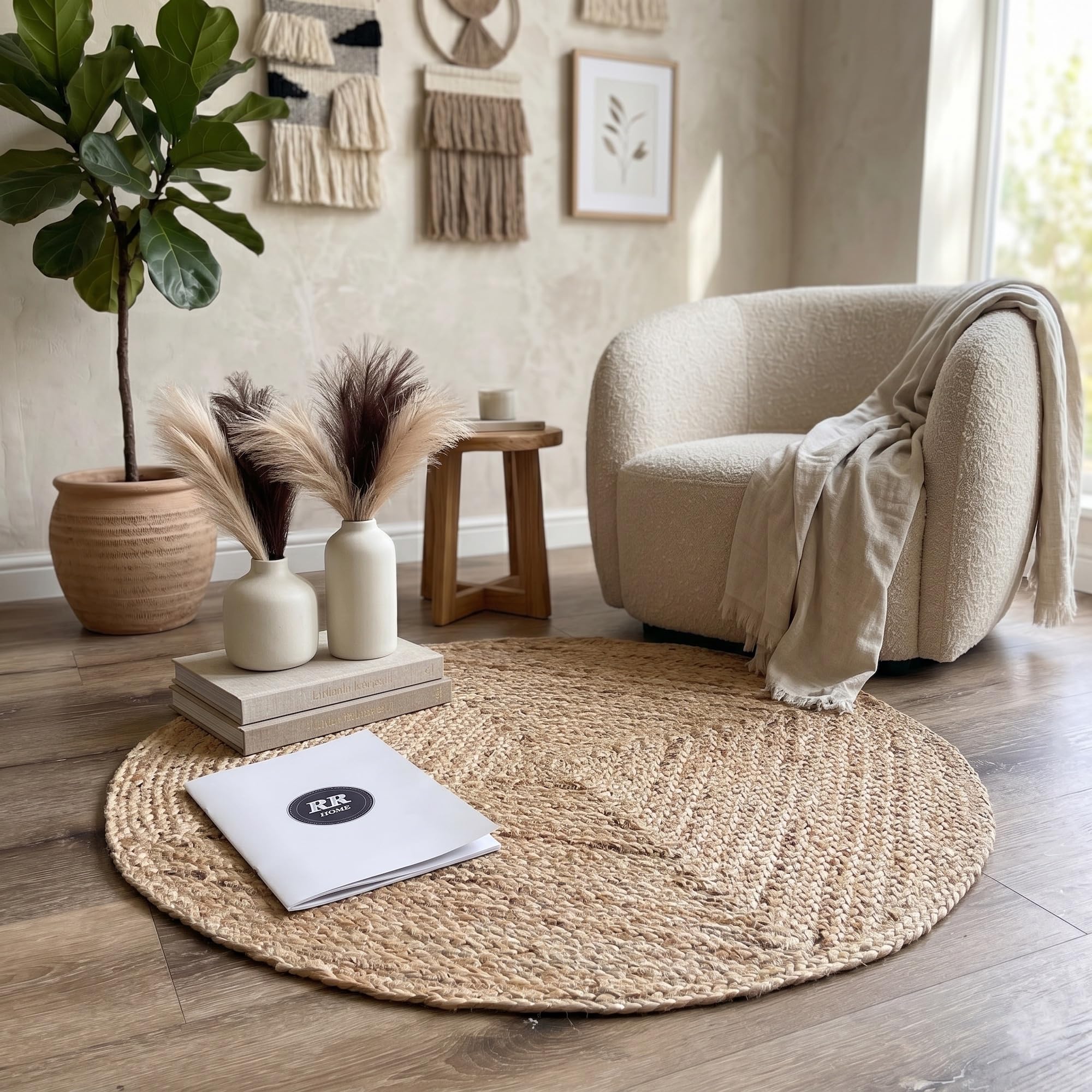 Jute Ceto Round Rug, 100% Natural Jute, Artistic, Hand Woven Circular Round Rugs for Kitchen, Living Room, Bedroom, Bathroom, Farmhouse - 150cm Round, 150cm x 150cm