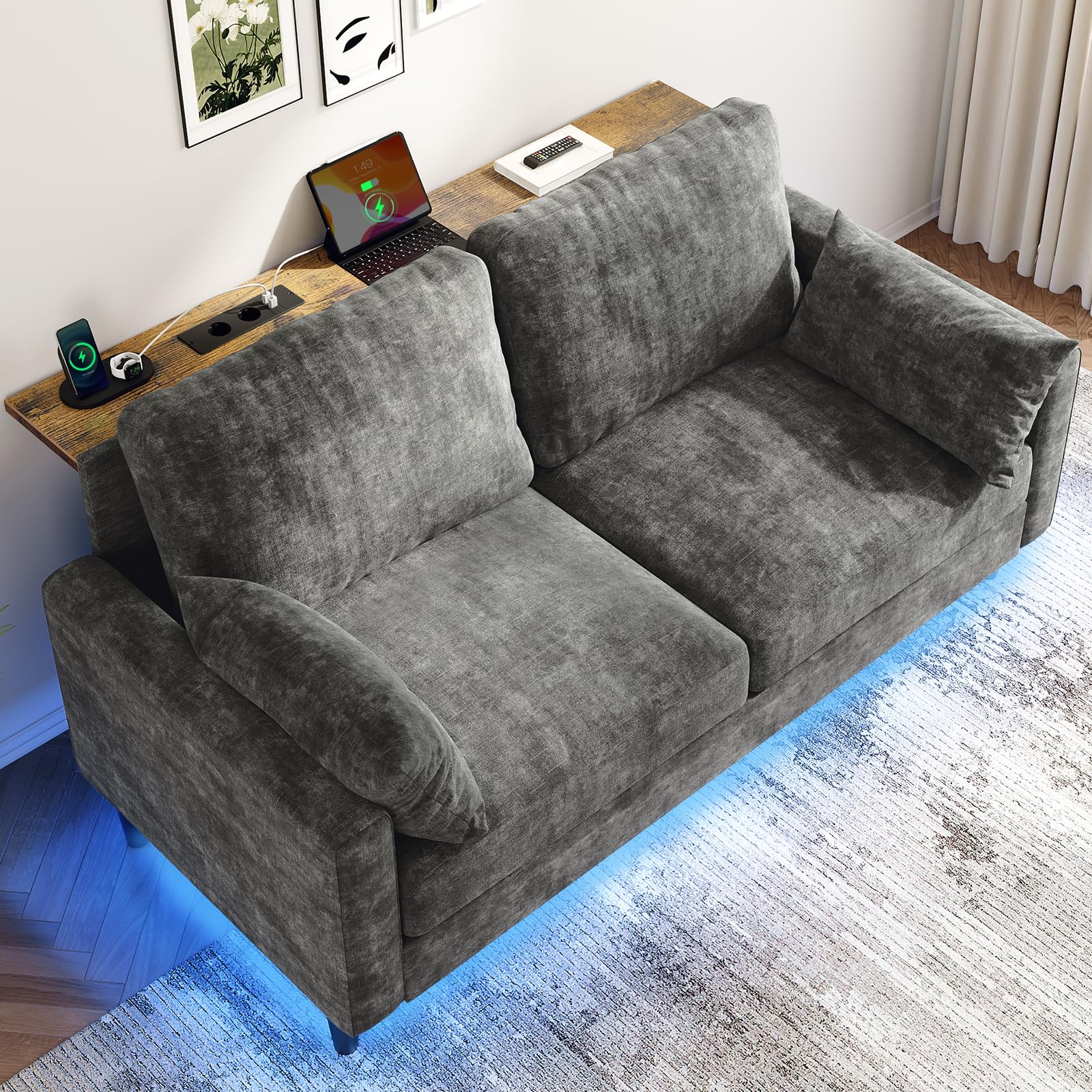 KKL Couch 2 Sitzer Sofa mit LED-Lichtschläuche und 2 AC-Ladeanschlüssen 2 USB-Anschlüssen Chenille für Wohnzimmer/Schlafzimmer/Wohnung
