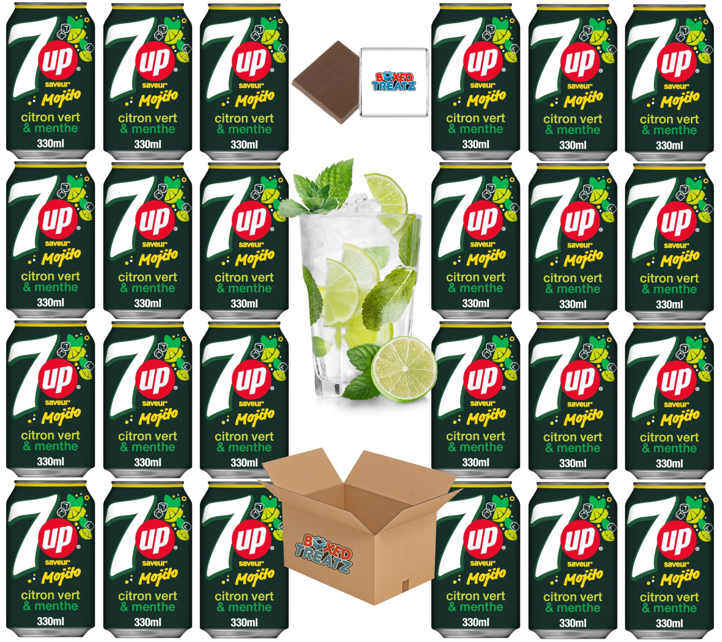 7UP Mojito Drink Soda Cans (24x330ml) Mint Lemon & Lime - Alcohol Free, Use As Mixers Boxed Treatz