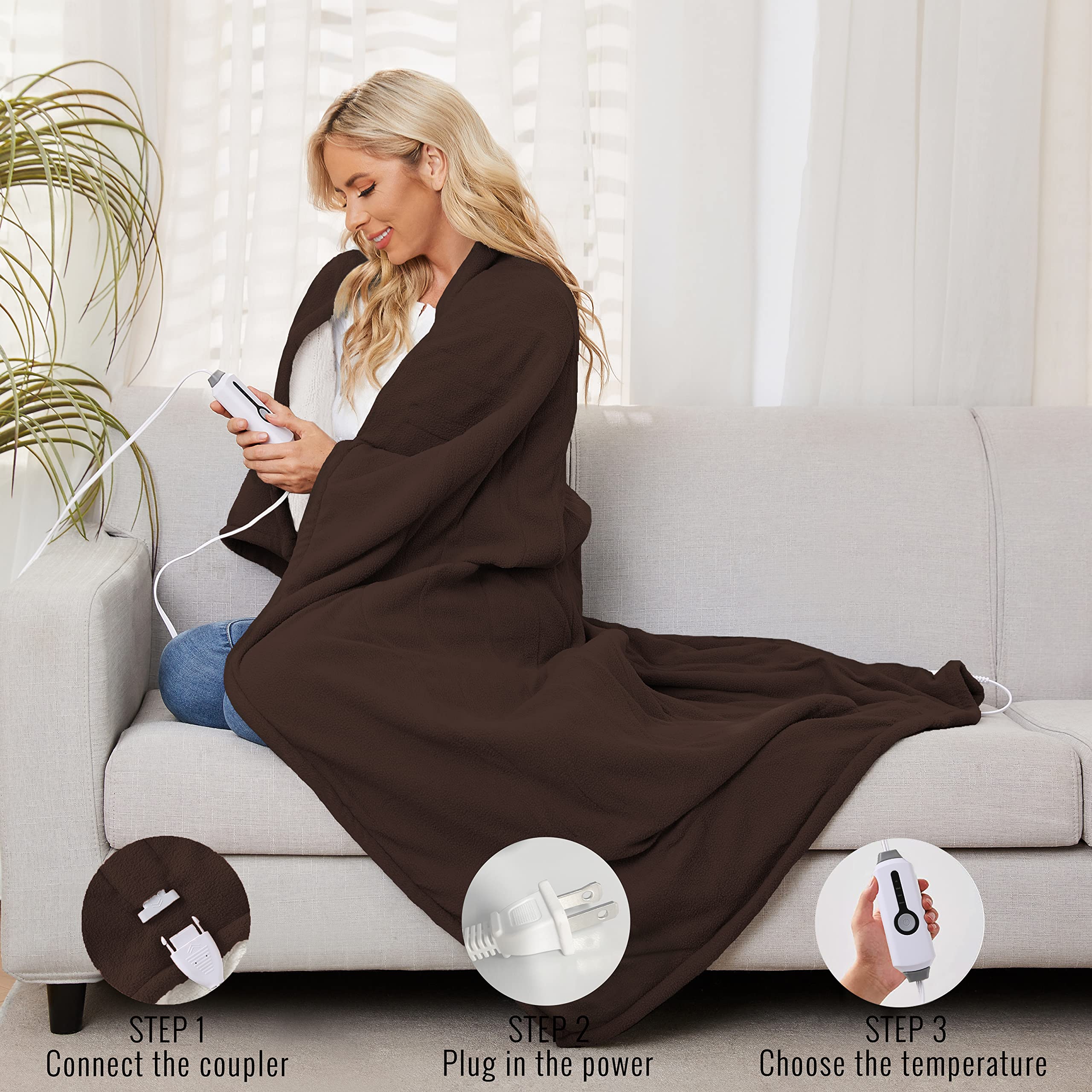 Heated Throw 50"x60", Super Cozy Soft Polar Fleece & Sherpa Electric Heated Blanket with 4 Heating Levels & 3H Auto Shut Off & Overheat Protection, Machine Washable, Dark Brown
